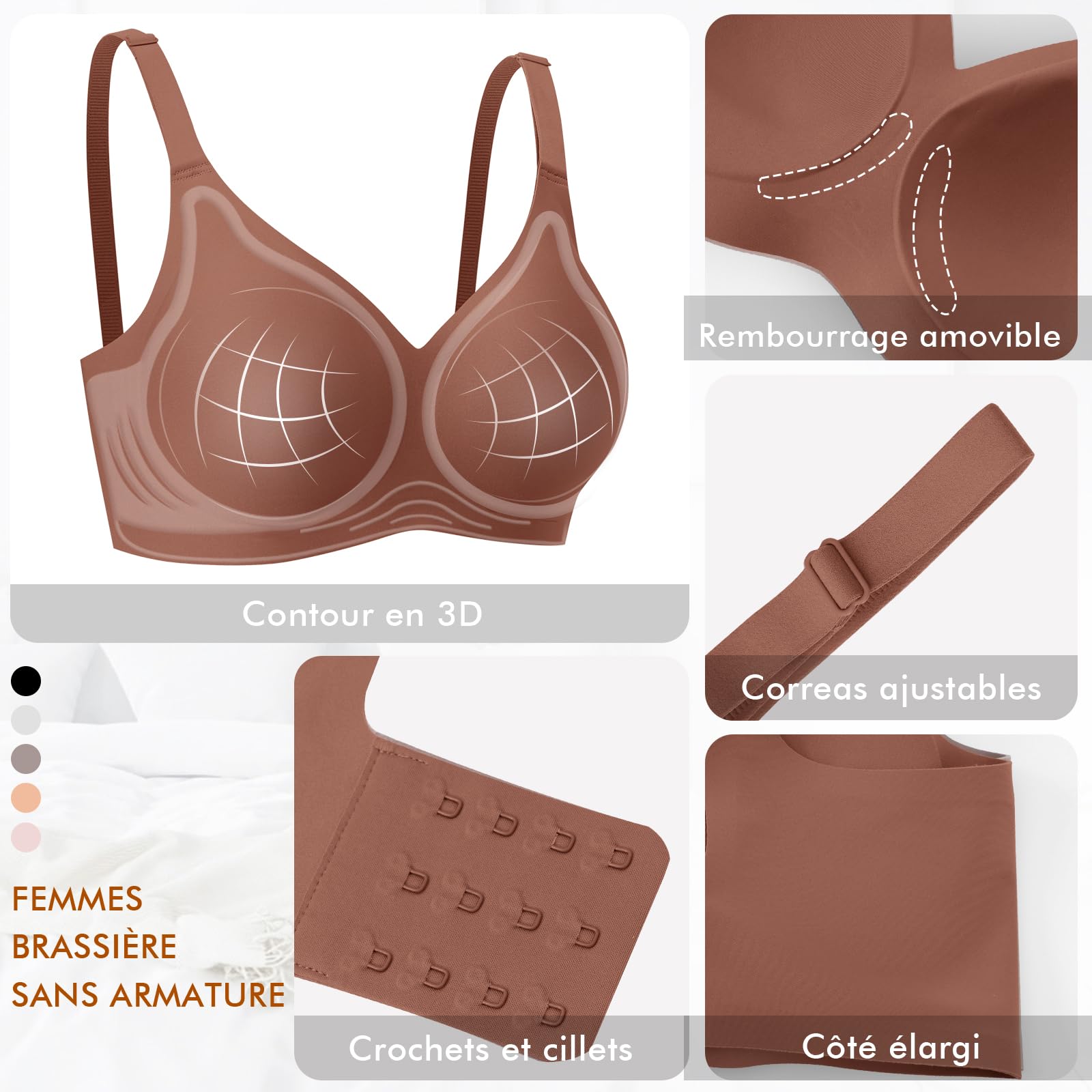 Ganado Soutien Gorge sans Armature Brassière Femme Push up Col en V Bralette Comfit Brassiere sans Coutures