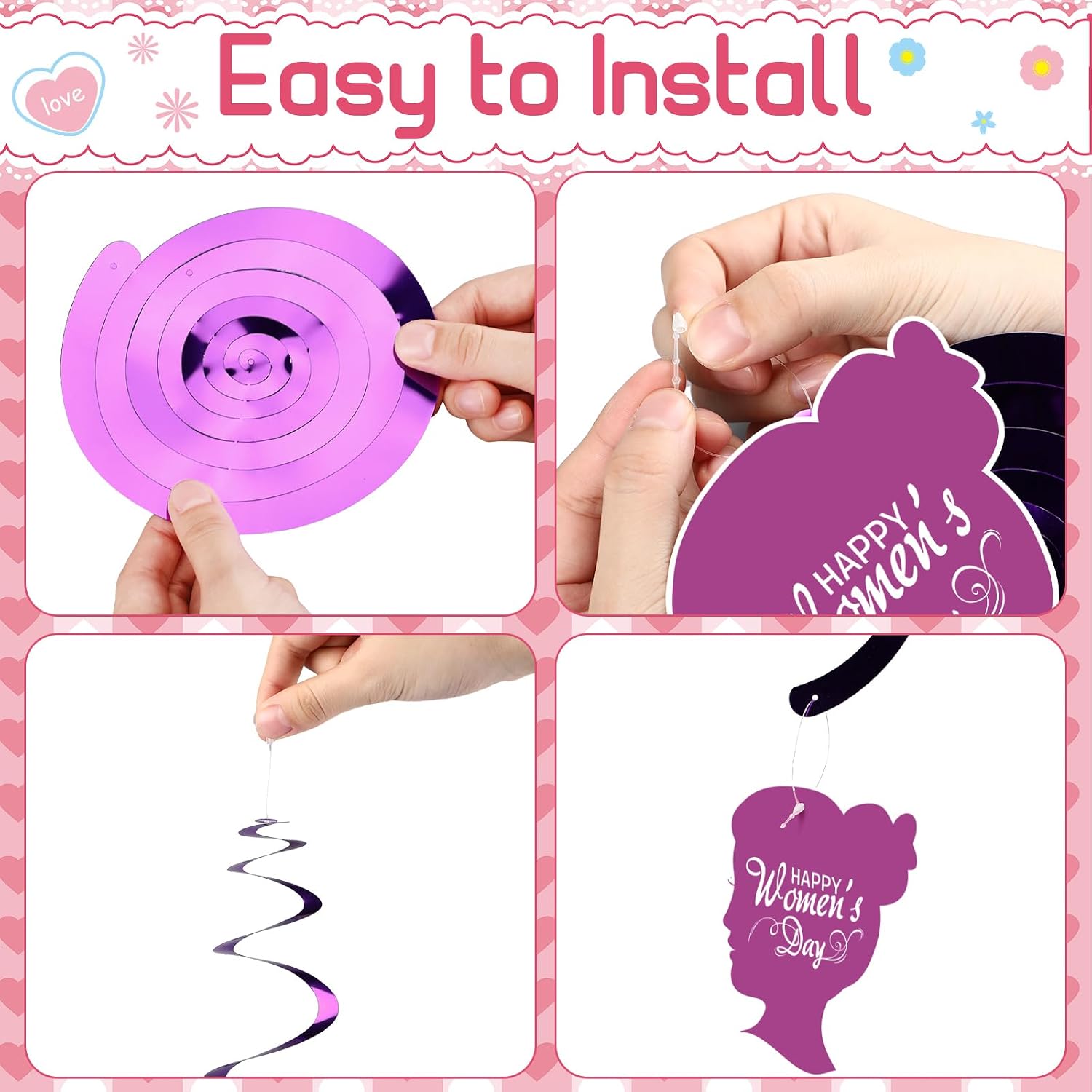 Eaasty 51 Pcs Glitter International Womens Day Party Decorations Happy Women's Day Banner Feminist Cards Ornaments Hanging Swirls Accessories for Women's History Month Party Wall Decor image 3