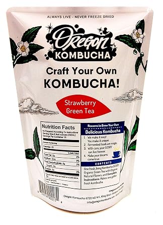Kombucha Starter Kit by Oregon Kombucha | Organic Strawberry Green Tea and Scoby w/ Starter Liquid - Raw Culture Brews 1 Gallon of Delicious Kombucha,