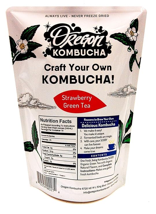 Kombucha Starter Kit by Oregon Kombucha | Organic Strawberry Green Tea and Scoby w/ Starter Liquid - Raw Culture Brews 1 Gallon of Delicious Kombucha,