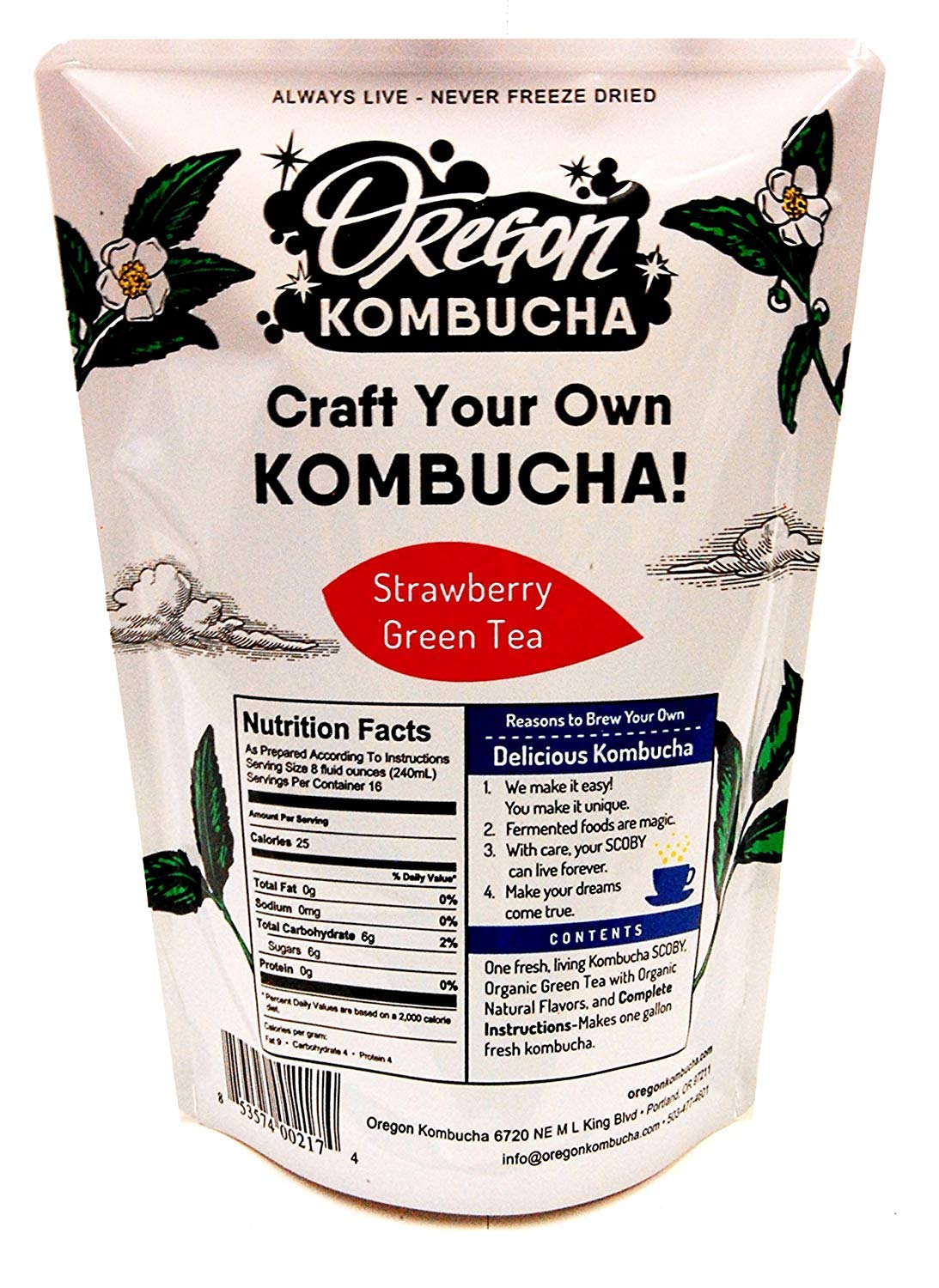 Kombucha Starter Kit by Oregon Kombucha | Organic Strawberry Green Tea and Scoby w/ Starter Liquid - Raw Culture Brews 1 Gallon of Delicious Kombucha, Guaranteed