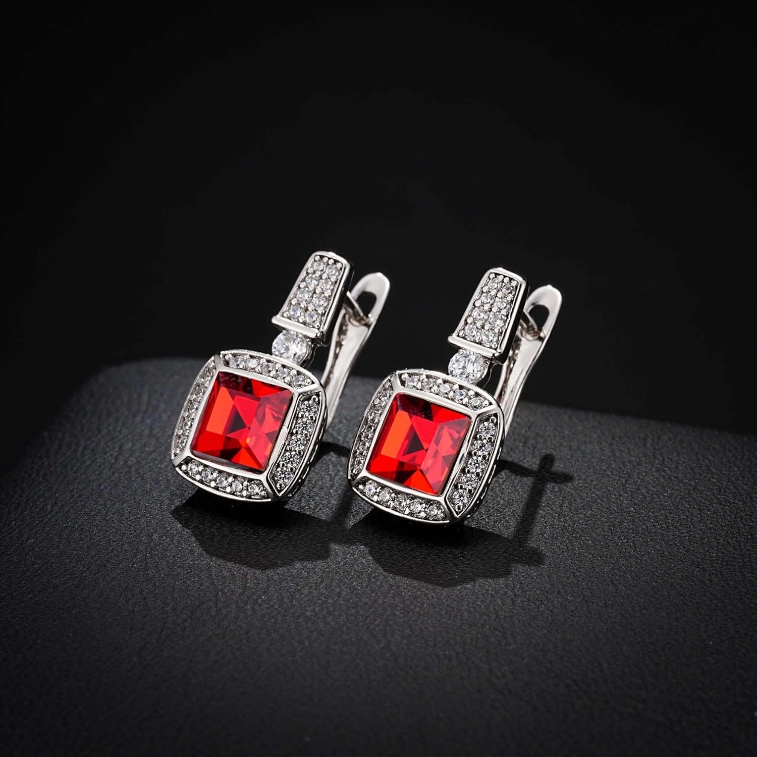 EVEVIC Square Austrian Crystal Earrings Halo Leverback Drop 14k White Gold Plated Earrings for Women Hypoallergenic Jewelry Gift - Image 3