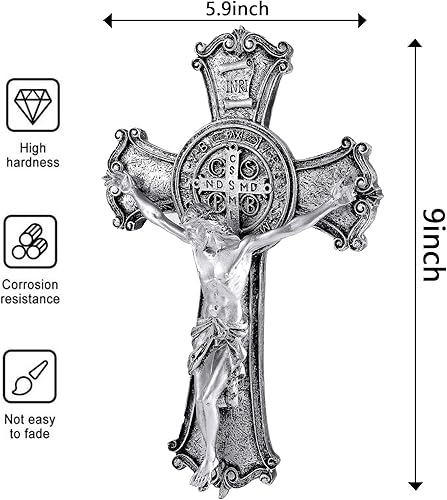 Miniatura 4 de Taprion Crucifijo - Cruz de pared de resina de San Benito - Cruz plateada de 10 pulgadas da bendición y lo sagrado espiritual regalo de fe para tus