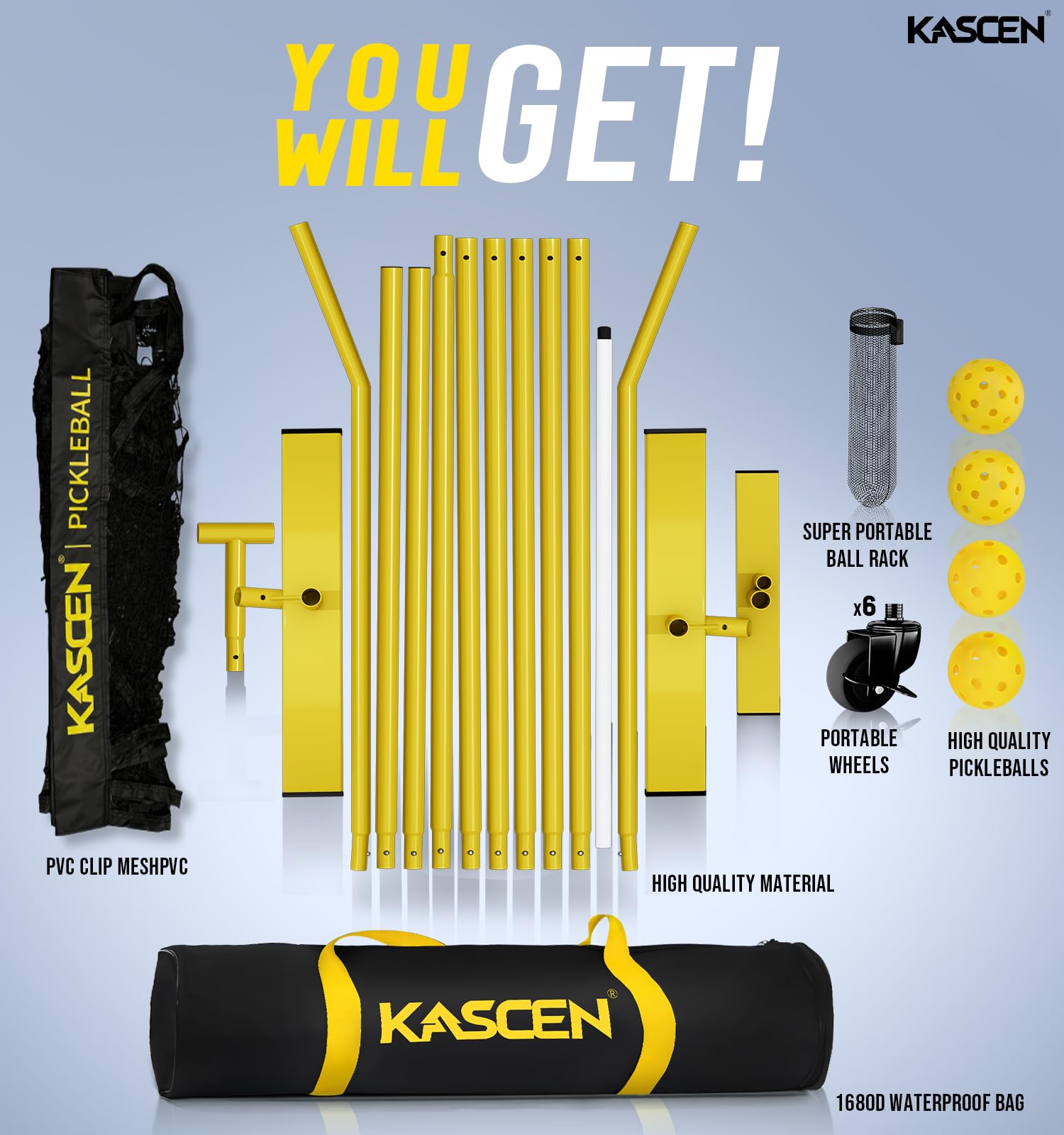 KASCEN Pickleball-Netz – Pickleball-Netz für Auffahrt, 6,6 m USAPA tragbares Pickleball-Set mit Netz, Pickle-Ballnetz mit 4 Pickleballs und Tragetasche, Pickle-Ballnetz für Outdoor, Innenhof,