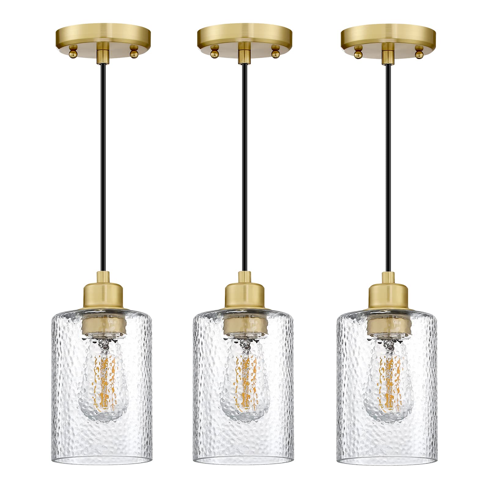 Indoor 3 Pack 1 Light Gold Pendant Ceiling Light Industrial Farmhouse Fixture Water Grain Glass Brushed Bronze Finish for Bedroom Hallway Dining Room Entryway Kitchen Island Cafe Bar