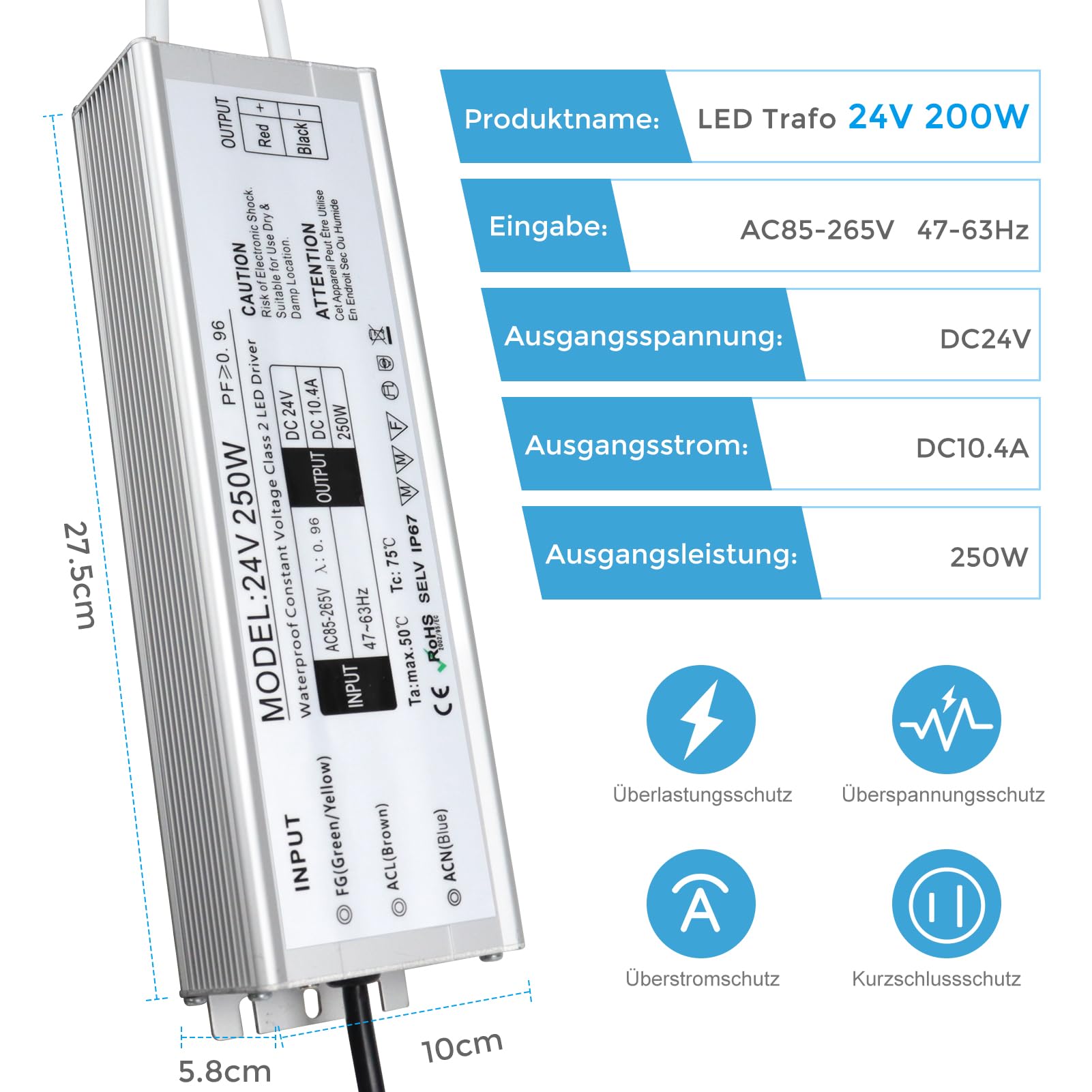 Trasformatore a LED, 24 V, 250 W, IP67, per esterni, impermeabile, con spina