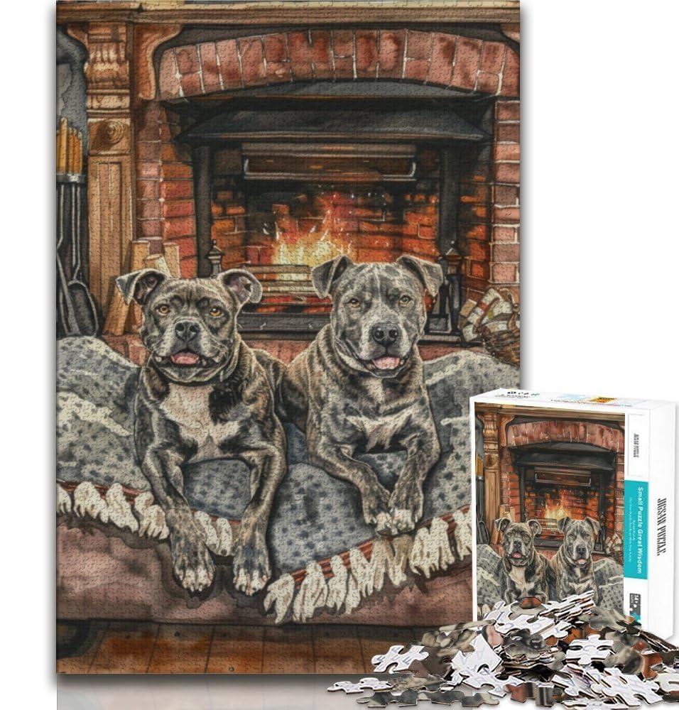 Staffordshire Bull Terrier Roasting Fire Jigsaw Puzzles for Adults 1000 Piece,Staycation Kill Time with Fully Interlocking Randomly Shaped Pieces (38x26cm)