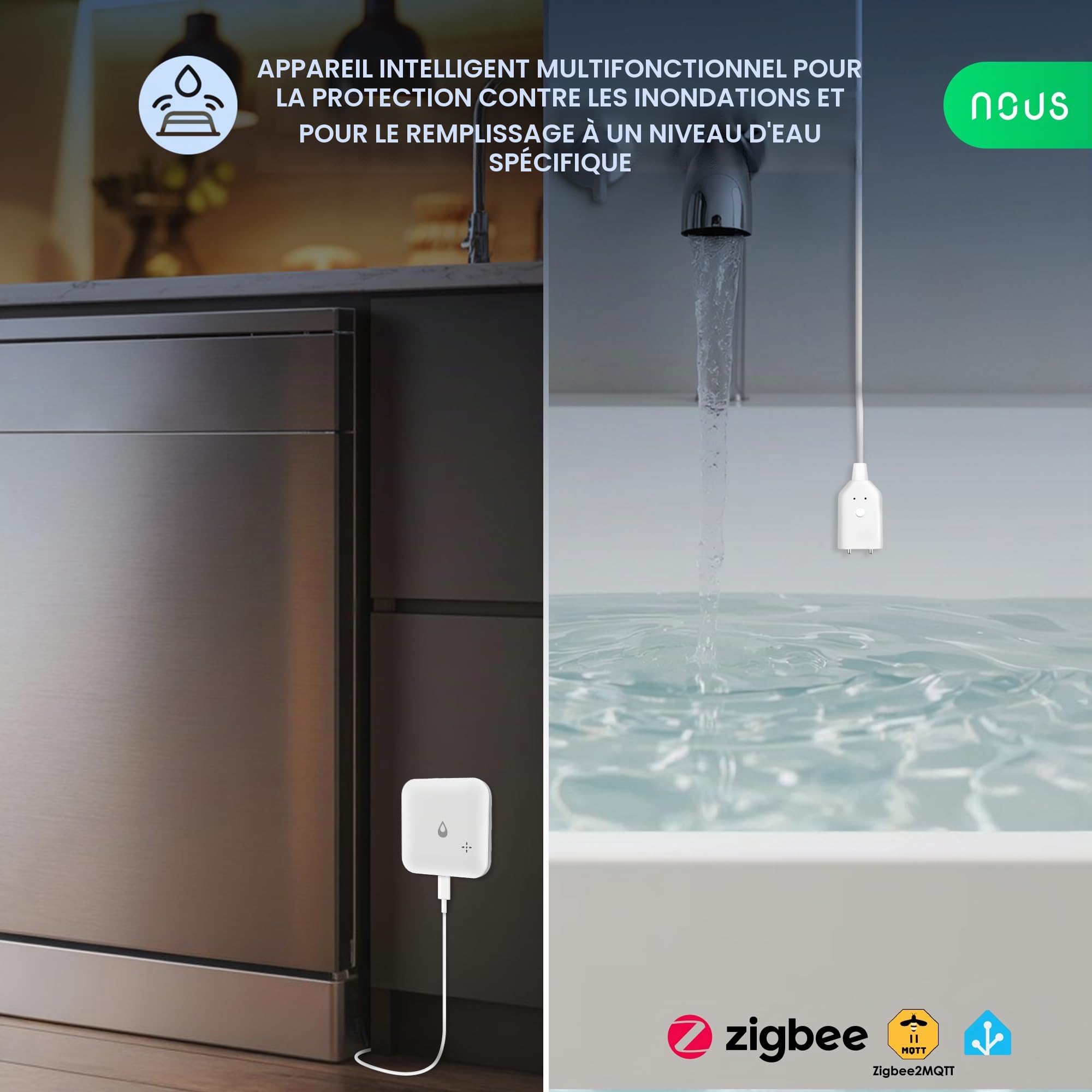 Nous ZigBee Capteur d'eau E13 pour Fuite ou Manque d'eau, Alarme 80 DB, Notification d'application, IP66, Fonctionne avec Piles (2 x AAA), Compatible avec Alexa, Google Home, hub ZigBee nécessaire