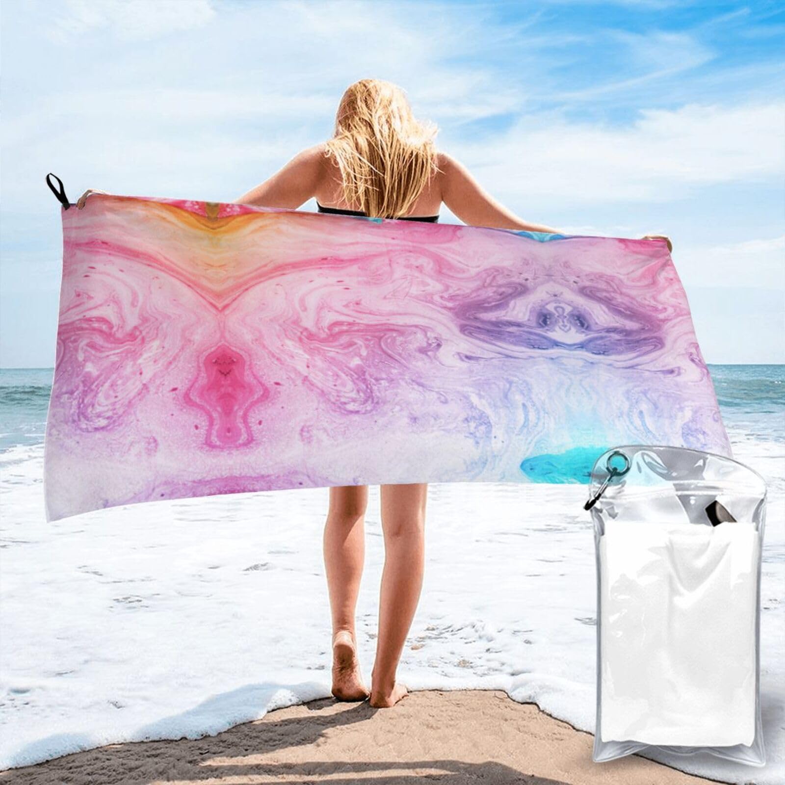 FHIZOAL Colorful Marble Pastel Pink Blue Purple Quick Dry Towel Microfibre Towel Super Absorbent Ultra Compact Gym Sports Beach Camping Travel