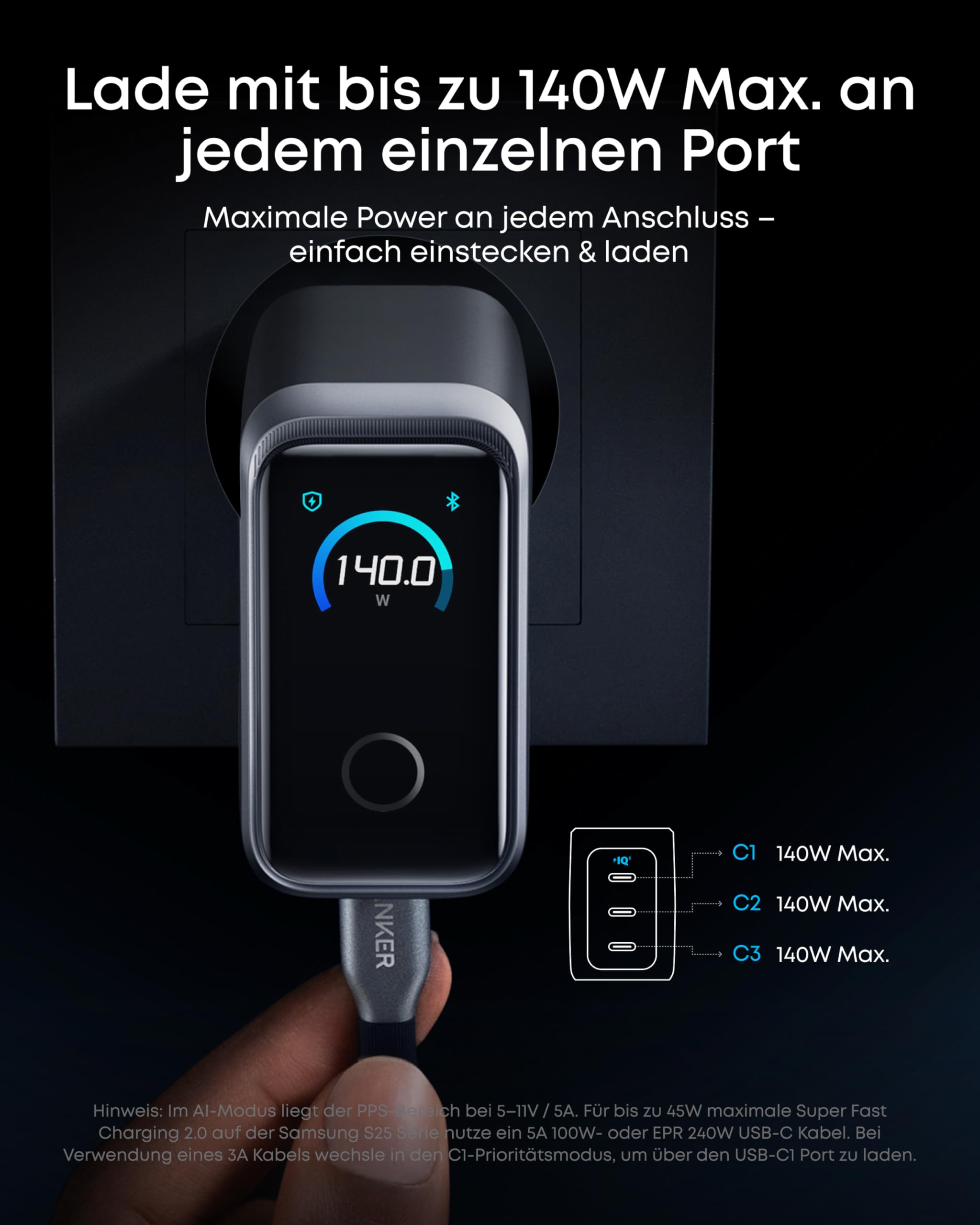 Anker Prime 160W USB C Ladegerät, kompakter GaN USB-C Ladeblock mit 3 Ports, Smart Display, Touch-Steuerung, Ultra-schnelles 140W Laden bei 1 Port, für Laptop, MacBook, iPad, iPhone 17/16/15 und mehr