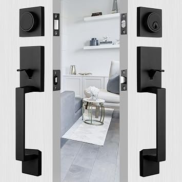 Iron Black Double Front Door Handle Set, Halifax Keyed & Dummy Entry Handleset with Square Deadbolt and Lever, Reversible for Left&Right Hand