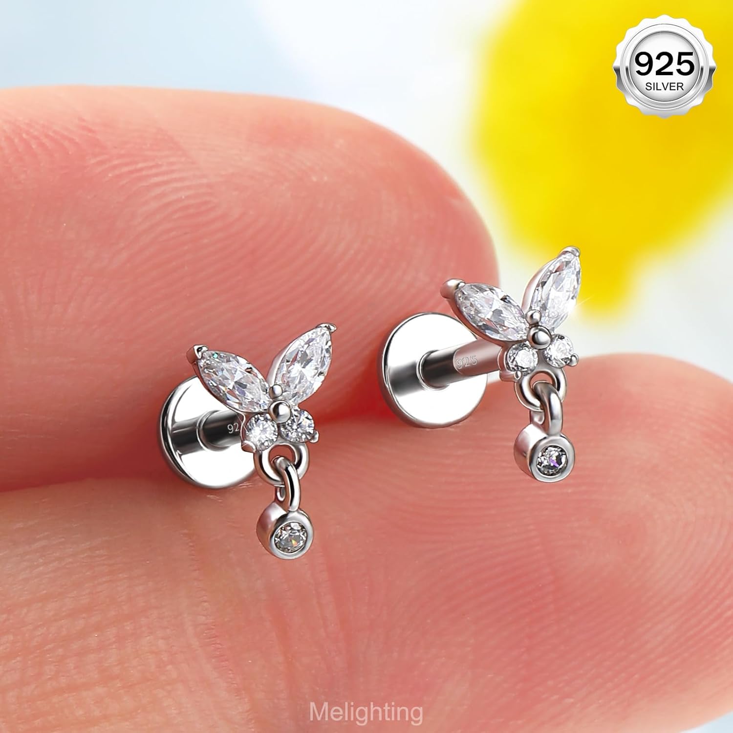 MeIighting 16G Sterling Silver 925 Butterfly Helix Earring Internally Threaded Flat Back Earring 6/8 mm Dangle Cartilage Earring Clear CZ Tragus Earring for Women - Image 2