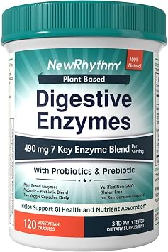 NewRhythm Digestive Enzymes 490 mg, with Probiotics & Prebiotic, Plant Based, 7 Key Enzymes, Digestion, Nutrient Absorption, Protease Amylase & Lipase, 120 Vegan Capsules
