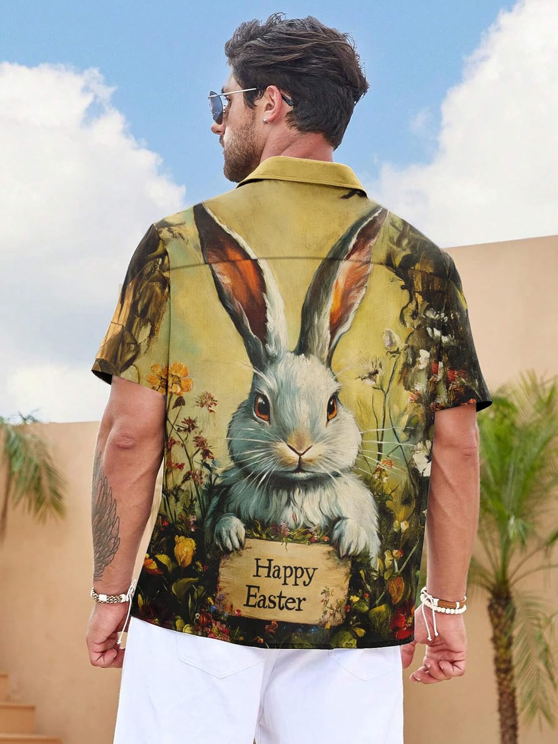Easter Button Down Shirts for Men Funny Bunny Easter Eggs Print Short Sleeve Bowling Shirt - Image 3