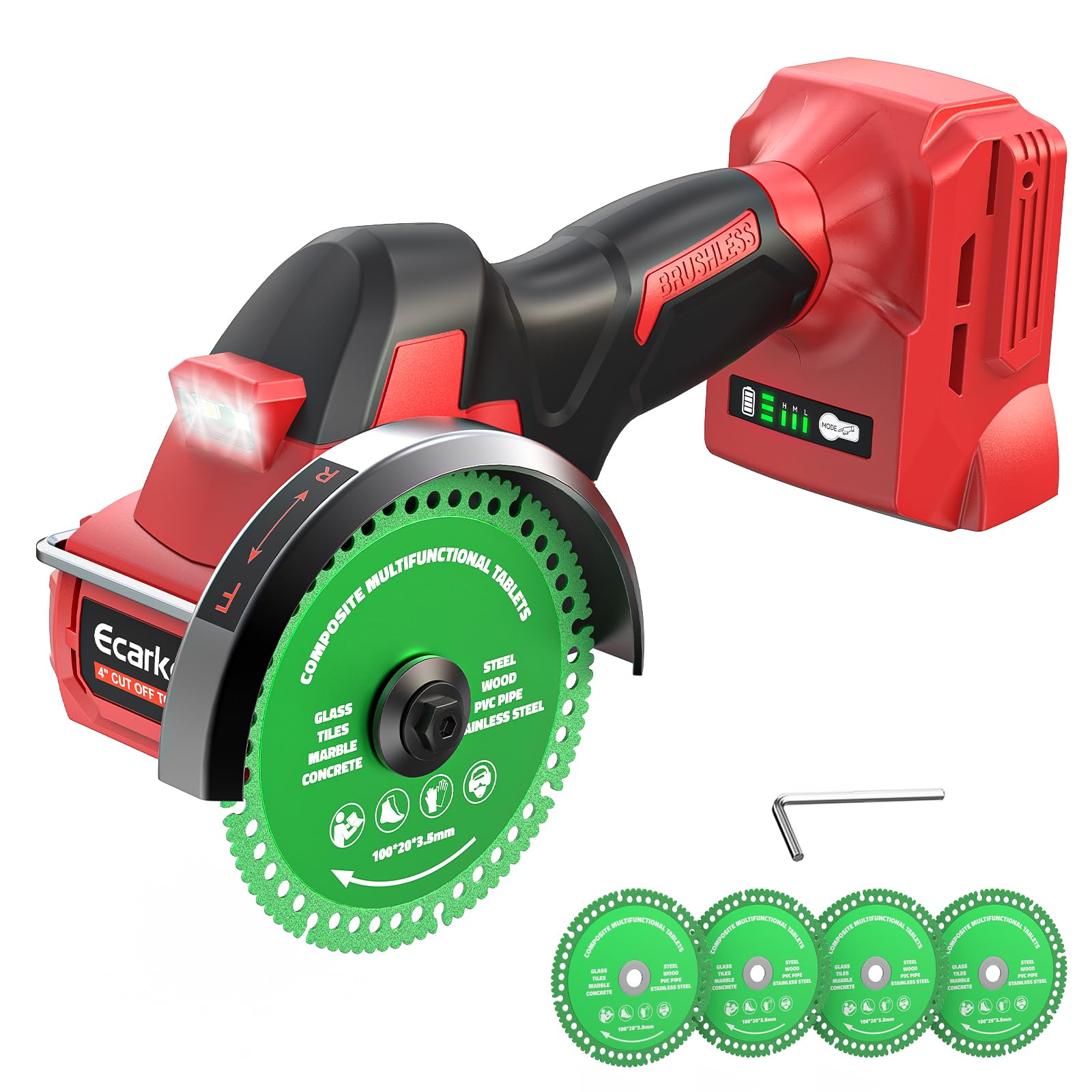 Ecarke Cordless Cut Off Tool Compatible with Milwaukee 18V Battery, 4" Circular Saw Brushless Motor with Blades, 18000 RPM Mini Cut Off Tool Kit for Wood/Metal/Plastic/Tile/Stone Cutting(Tool Only)