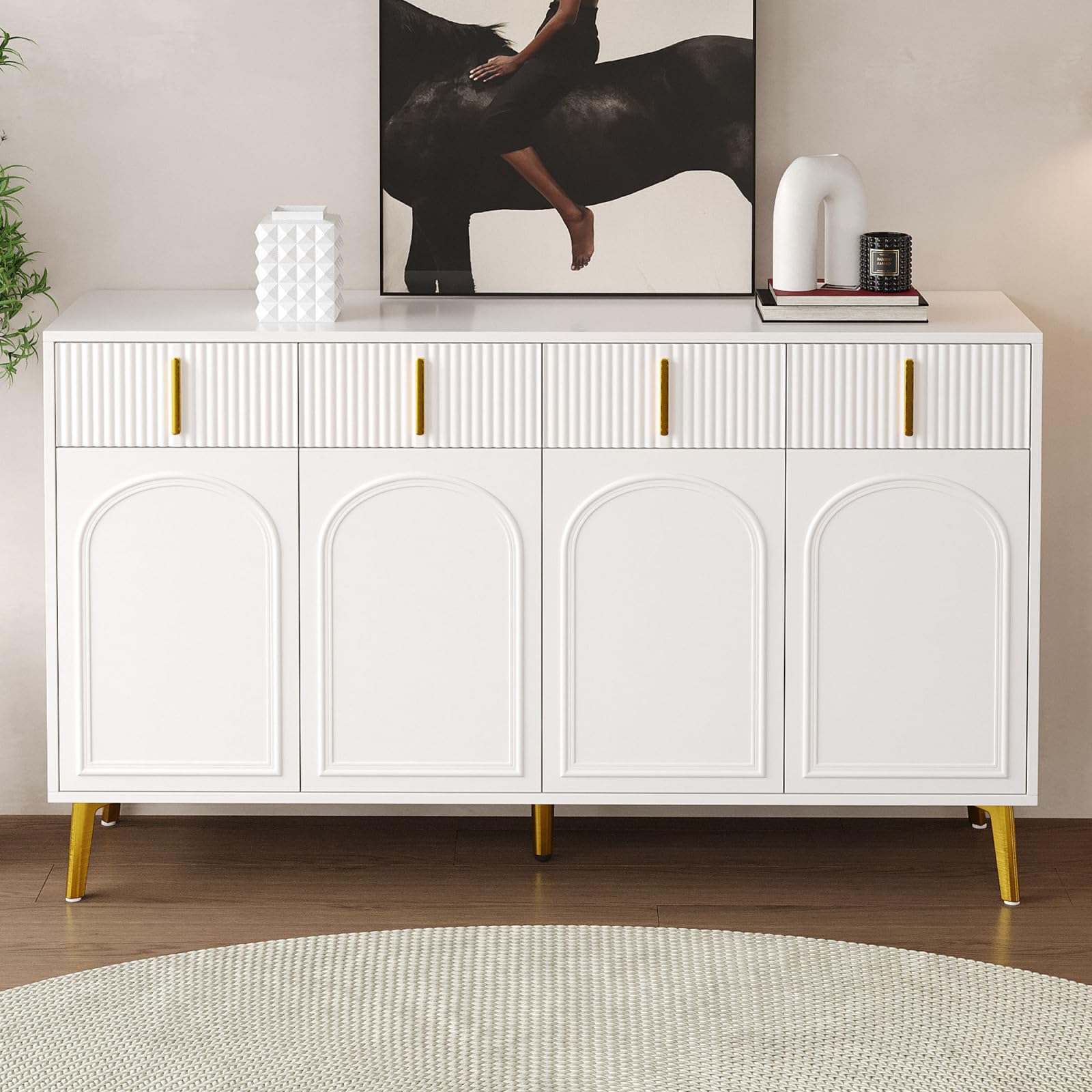 Sideboard mit 4 Türen, Modern Kommode mit 4 Schubladen, Schubladenschrank mit Griff und Beine, Küchenschrank für Flur, Schlafzimmer, Wohnzimmer, Geschwungenes Design, 140x38x82cm, Weiß
