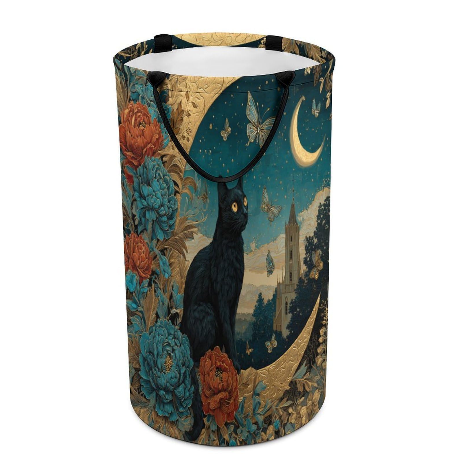 LUYYSKY Modern Aesthetic Black Cat Versatile Storage Laundry Basket, Rustic Japanese Galaxy Castle Plants Flowers Animal Butterflies Large Bathroom Laundry Hamper With Handle-40 CM Dia, 69 CM High