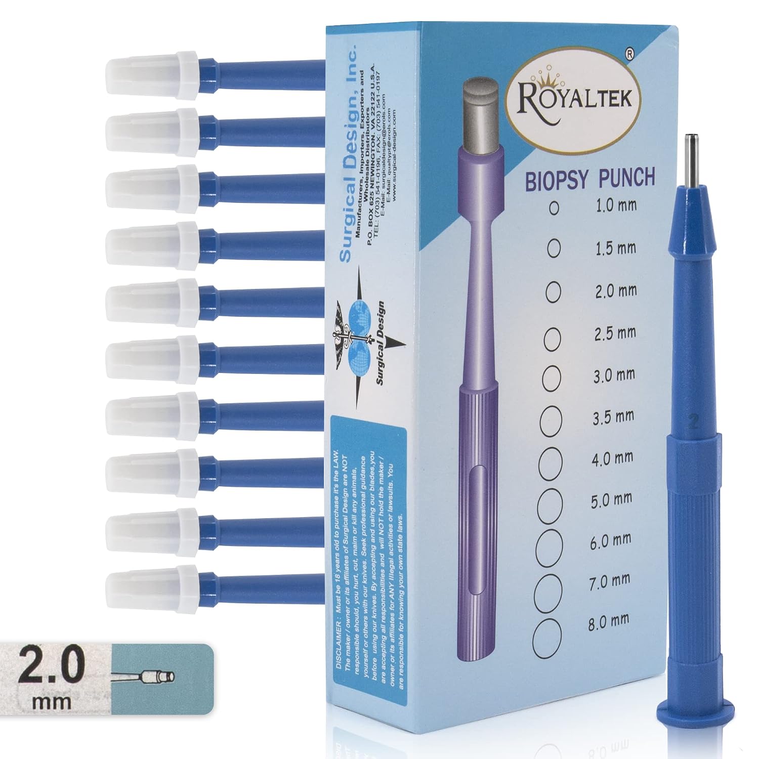 Scientific Labwares Disposable Punch Biopsy with Protective Cap, 2.0mm, Sterile, Single Punch Blade, Indivdually Packed (Box of 10)