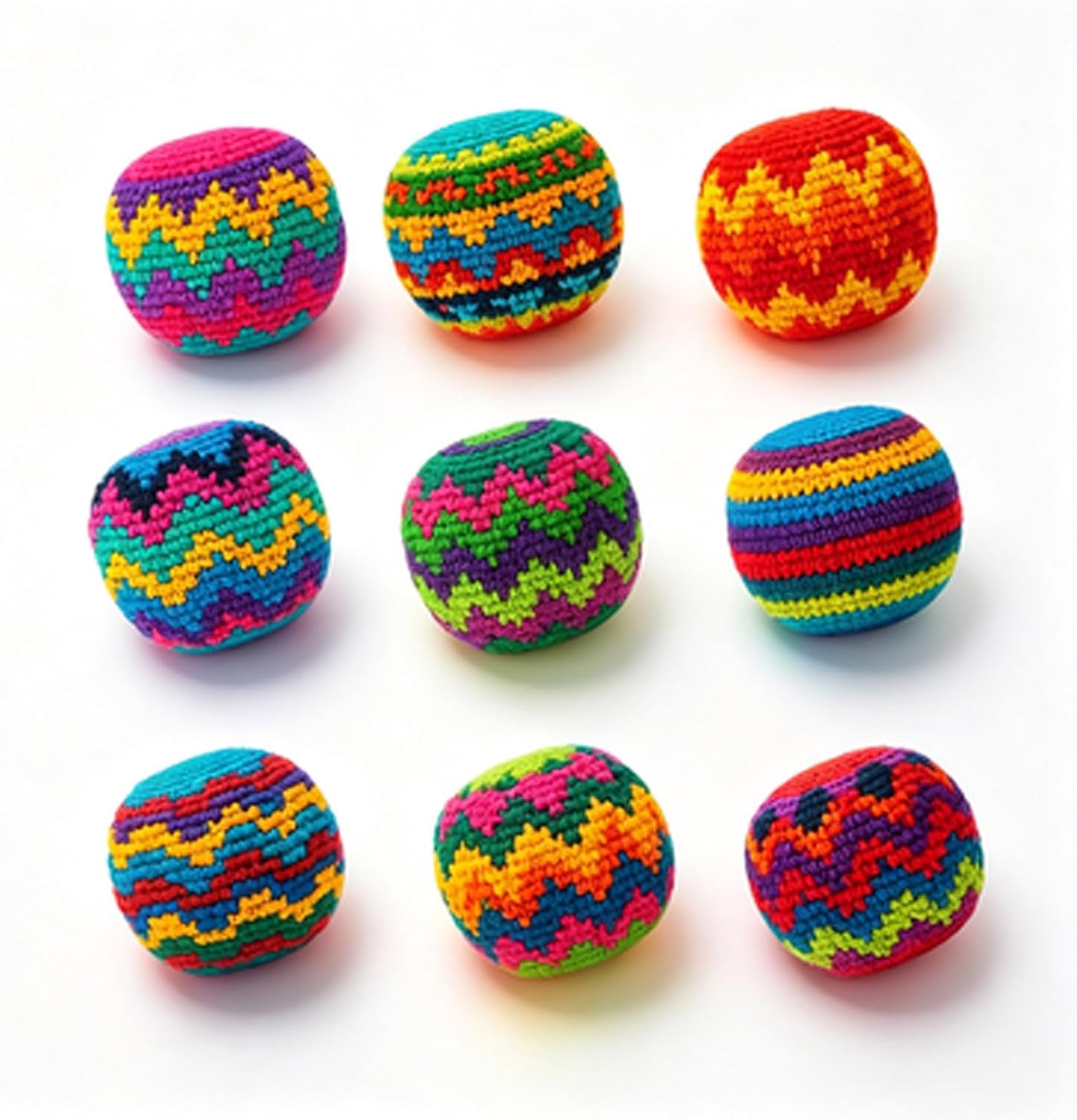 Hand Knitted Footbag Set Multi-Patterned Crochet Kick Balls for Outdoor Sport, Woven Cotton Sacks for Coordination and Agility Exercise