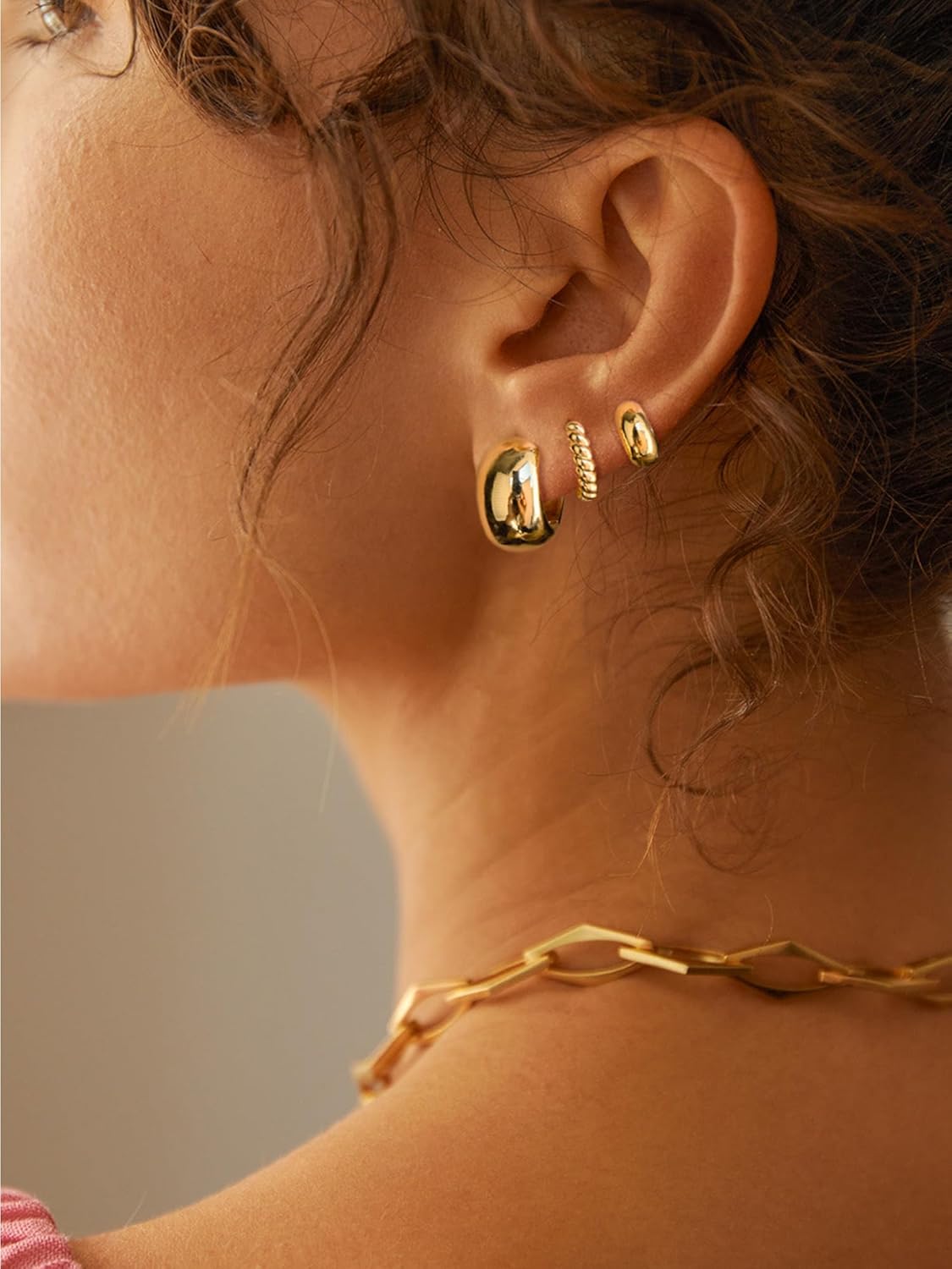 Freekiss 3 Pairs Gold Hoop Earrings Set: Dainty Stud Earrings Trendy Small 14K Gold Plated Hypoallergenic Dangle Cartilage Huggie Hoop Earrings for Women Gold Jewelry for Women Gifts - Image 3