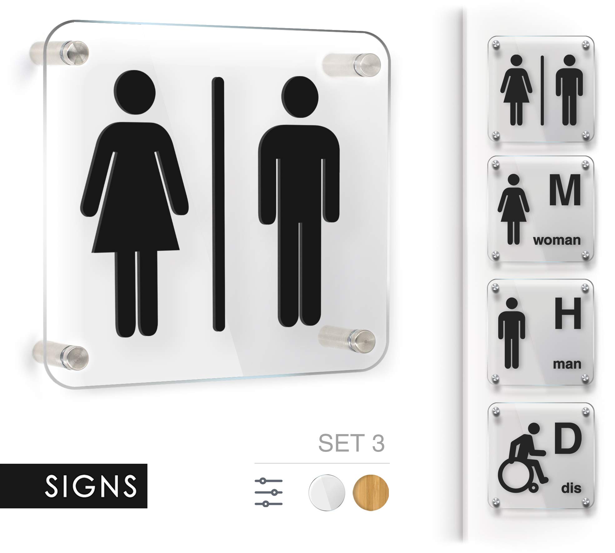 Signs [STAN08-nero] Set 4X Placas de pared con separadores en relieve (Español/Inglés): Toilettes, Hombre, Mujer, Discapacitado, cartel de baño. Letrero WC de pared para inodoro y para puerta.