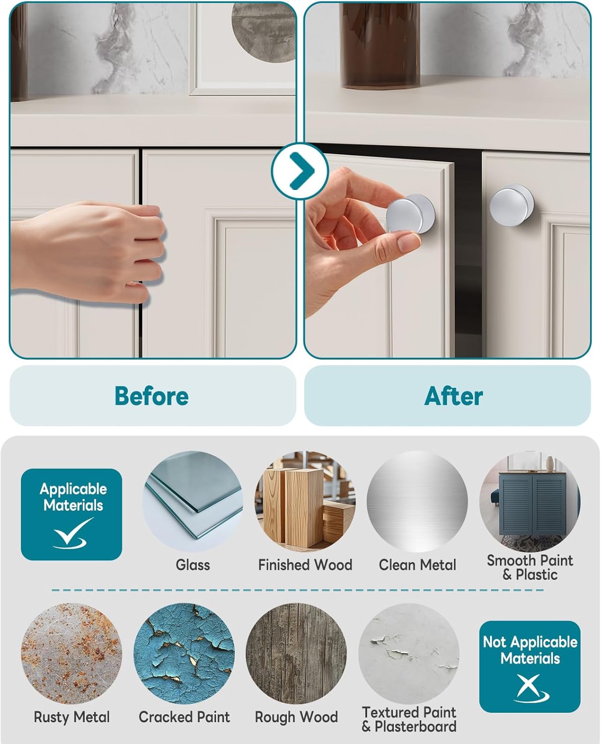 Self-Stick Cabinet Knobs, Aluminum Alloy Self-Adhesive & Drill-Mount Drawer Pulls for Kitchen Cabinets, Cupboards, Dressers, Closets, Sliding Glass Doors - Screws/Stick Install (16, Silver)