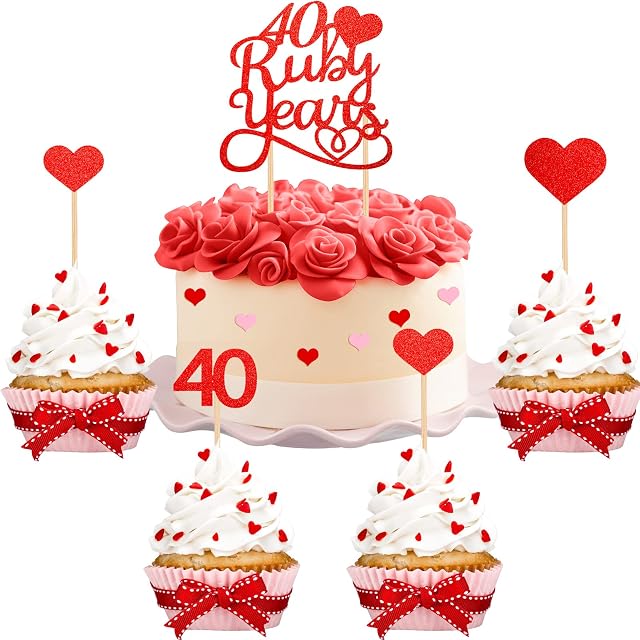 13 Pcs 40th Ruby Wedding Decorations Cake Topper Heart Wedding Cake Toppers Glitter Sturdy Ruby Anniversary Cake Toppers for Party Decoration Supplies, Diverse Sizes