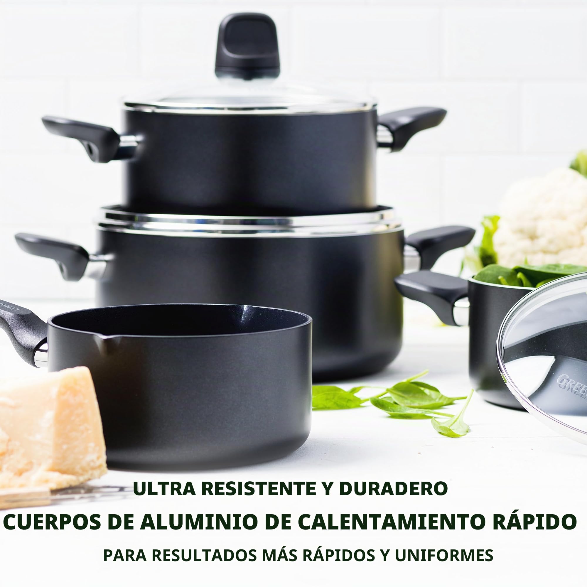 GreenPan Batería de Cocina Antiadherente de Aluminio con Revestimiento de Cerámica, Apta para Todo Tipo de Cocinas, Inducción, Horno y Lavavajillas, 4 piezas, Negro