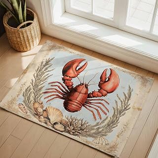 2x3 Door Mat Rug, Coastal Lobster Washable Rug for Living Room Non Slip TPR Backing, Vintage Beach Coral Shell Nautical Low Pile Indoor Carpet Area Rugs for Bedroom, Kitchen, Bathroom, Office, Kids