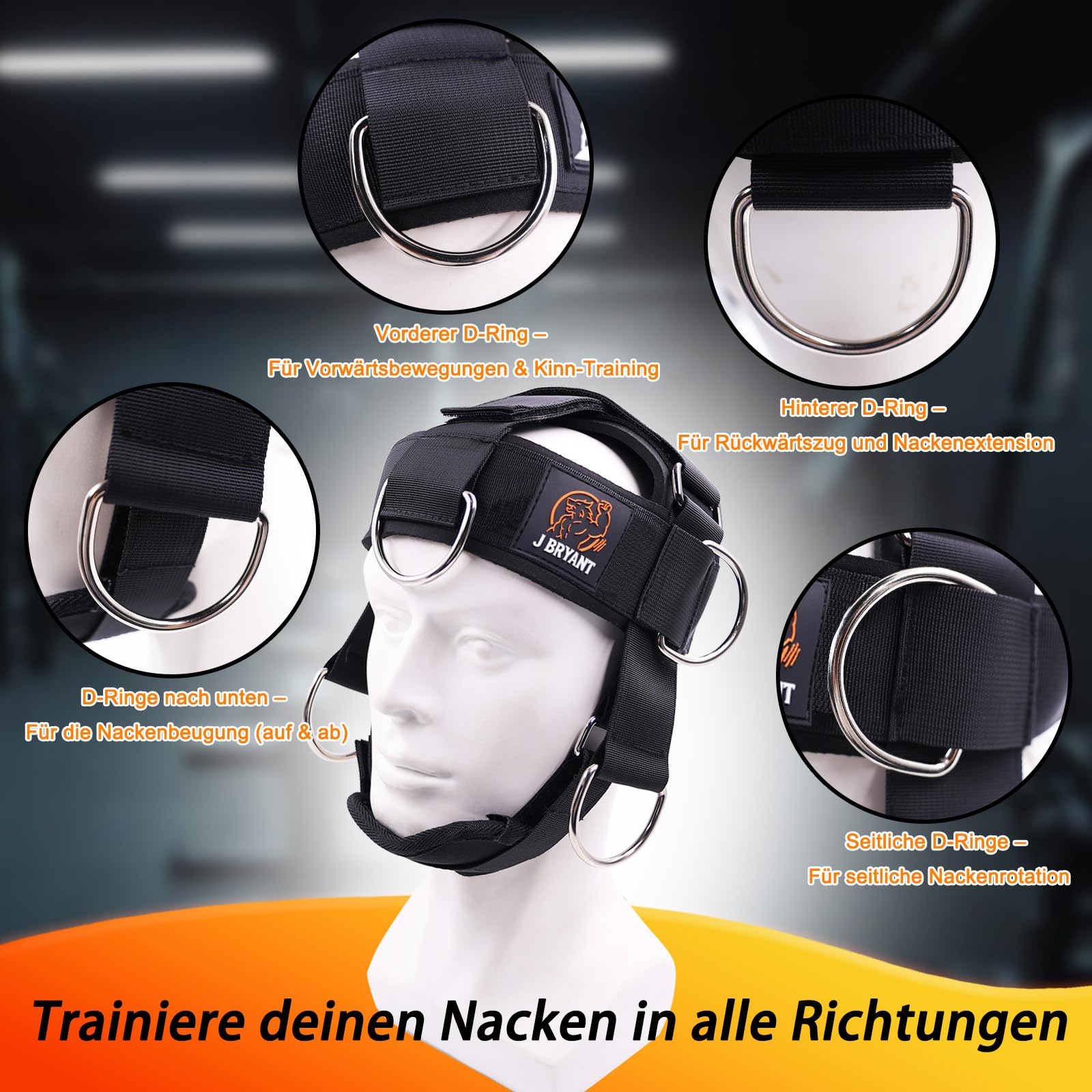 J Bryant Nackentrainer-Set mit Widerstandsband & Kinnpolster – Verstellbares Kopfgeschirr für 360° Krafttraining, D-Ringe für Seilzug & Bänder – Optional mit Stahlkette oder Seilzug-System