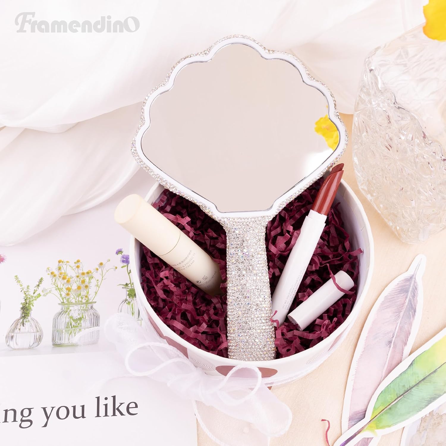 Framendino, Rhinestone Handheld Mirror Shell Shaped Bling Cosmetic Dazzling Portable Hand Mirrors for Women