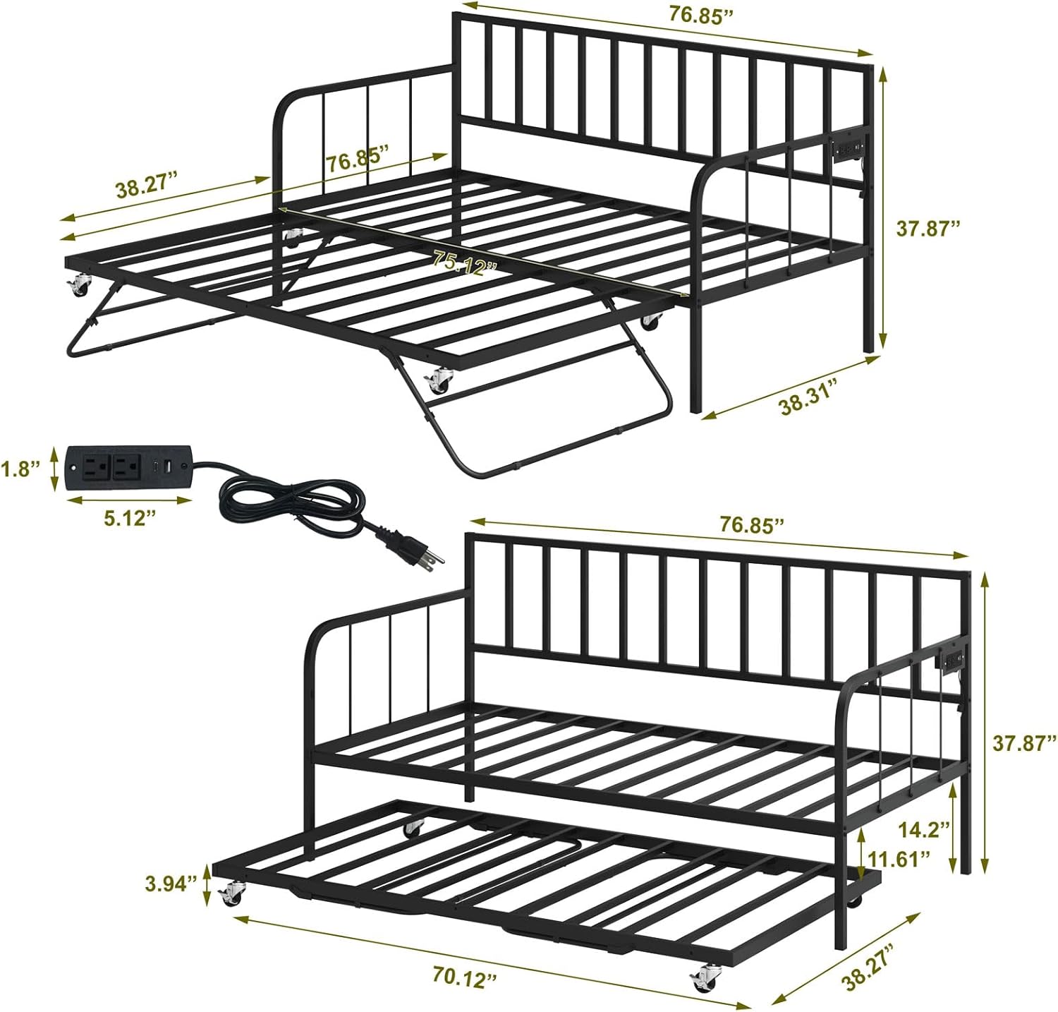 Twin Metal Trundle Bed with LED Light, Sofa Bed Frame with Heavy Duty Metal Slats Sppports, Space Saving, for Living Room, Bedroom and Guest Room 76.77x37.99x38.44in