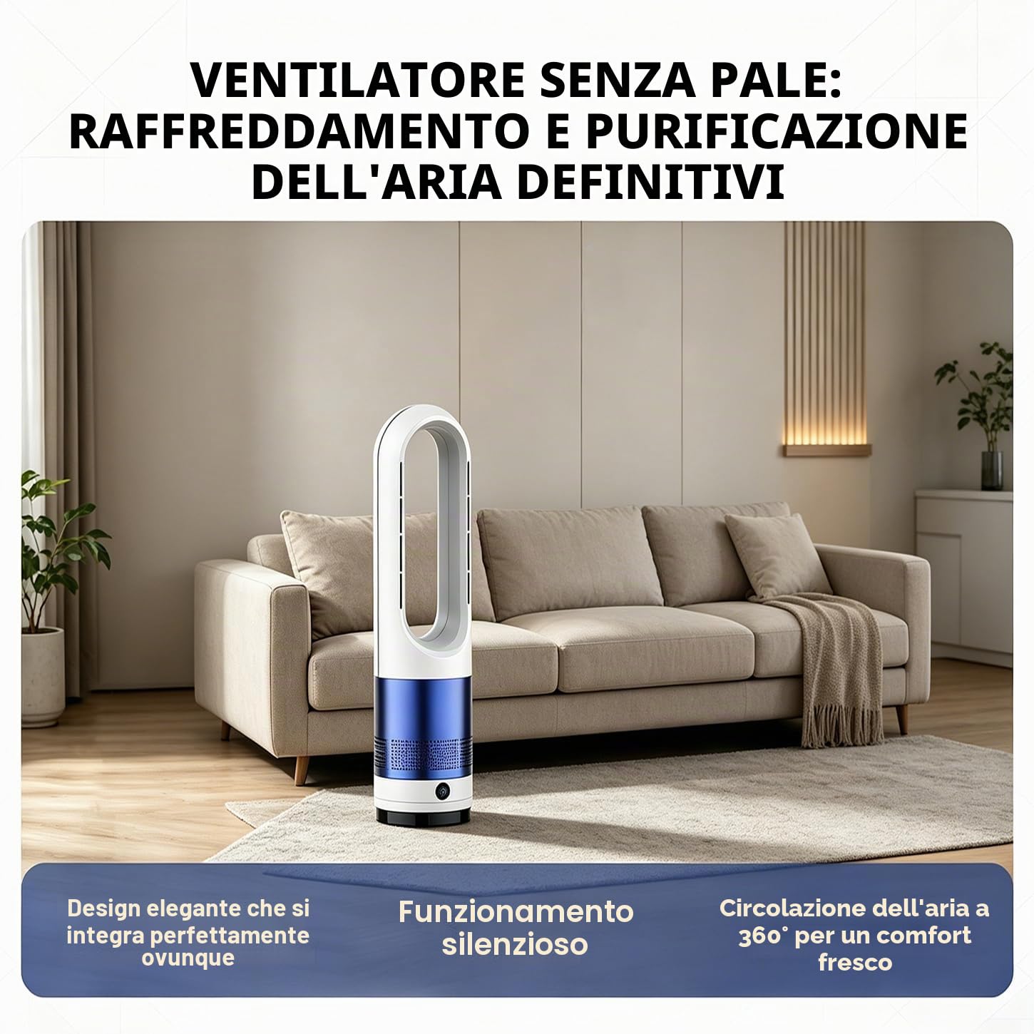 Ventilatore a torre senza pale caldo e freddo da 45,7 cm, oscillante, circolatore d'aria con 8 velocità, timer, purificatore intelligente con telecomando per camera da letto, casa