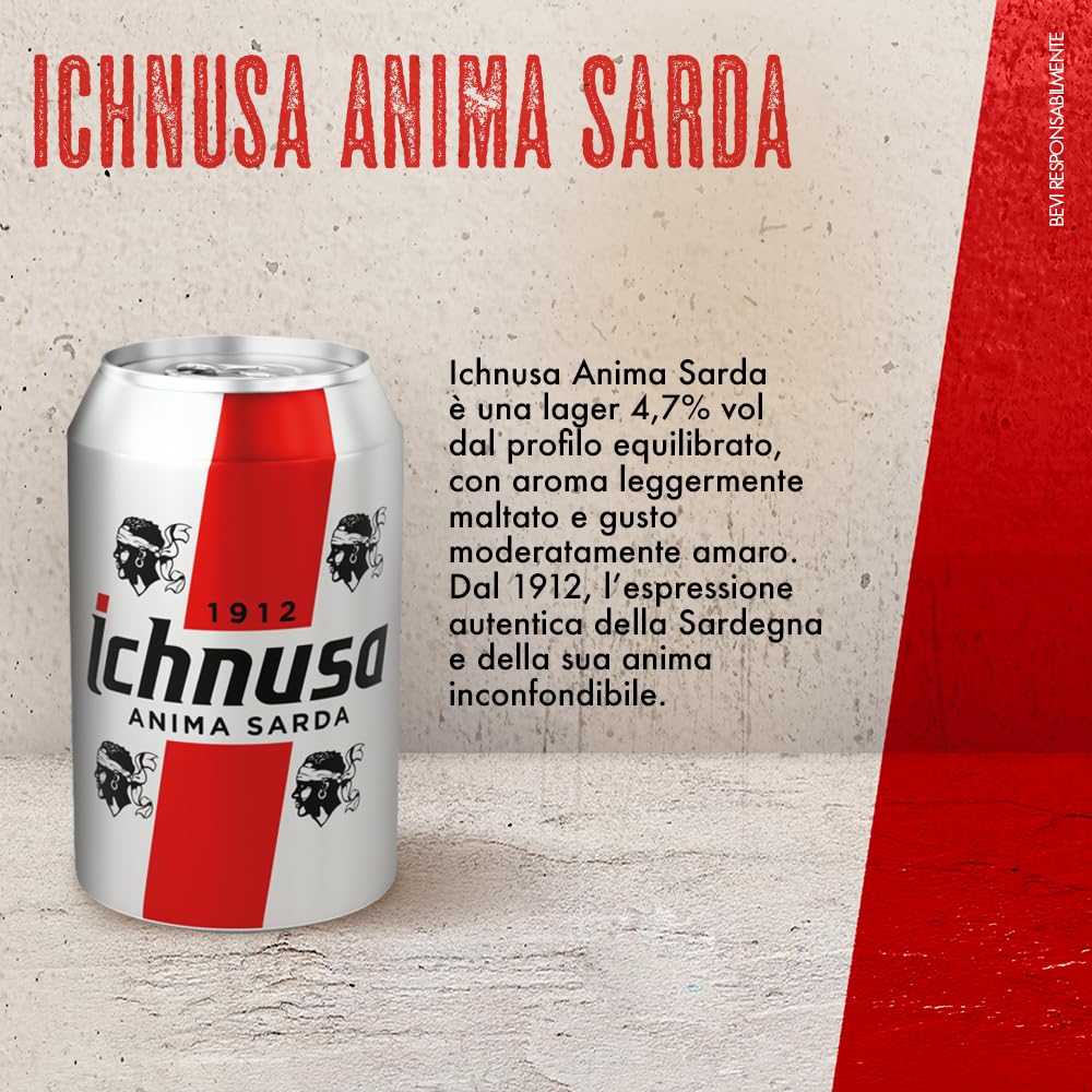 Birra Ichnusa Anima Sarda, Cassa Birra Con 24 lattine da 33cl, Birra Lager a Bassa Fermentazione, Gusto Moderatamente Amaro, Gradazione 4,7% Vol