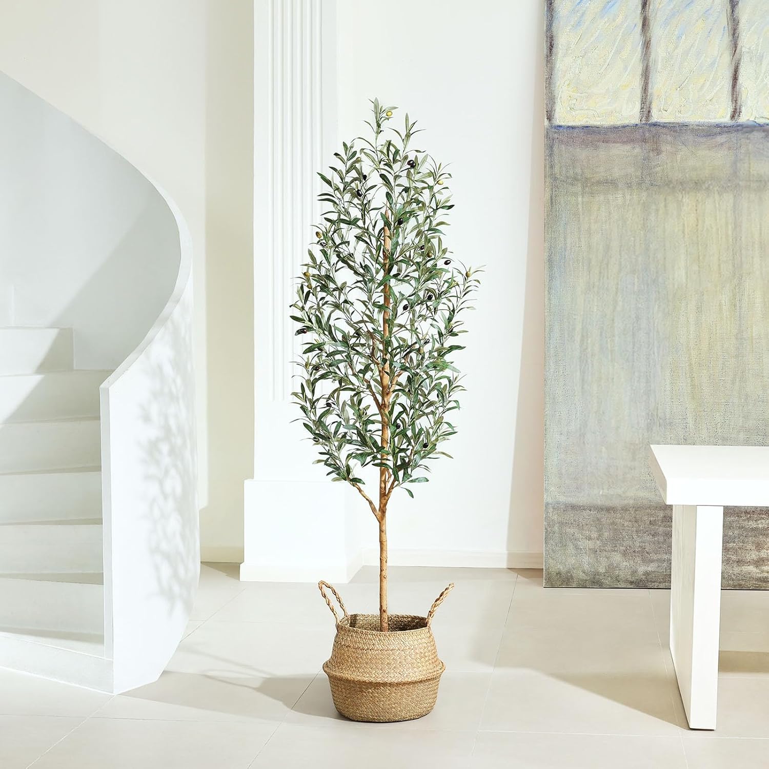 Faux Olive Tree 6FT – Tall Artificial Plants Indoor with Real Wood Trunk & Seagrass Basket, Lifelike Silk Leaves & Fruits – Potted Large Fake Trees for Home, Living Room, Bedroom & Office Decor