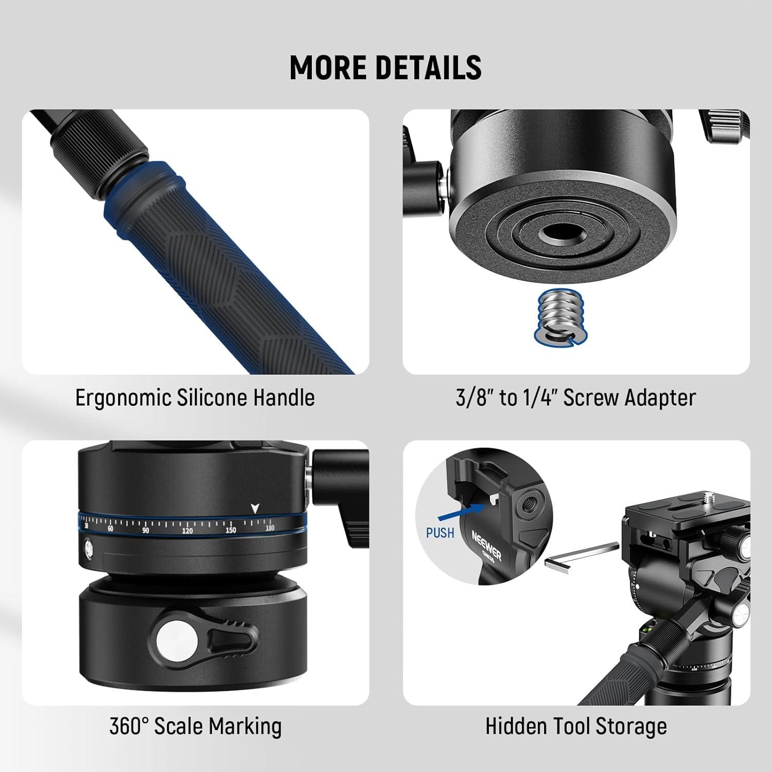 NEEWER Tripod Fluid Head with +/-7° Leveling Base (φ48mm), Metal Mini Pan Tilt Video Head Mount with Arca Type QR Plate, Telescopic Handle for Compact Video Camera DSLR Camera, Max Load 11lb/5kg, GM35