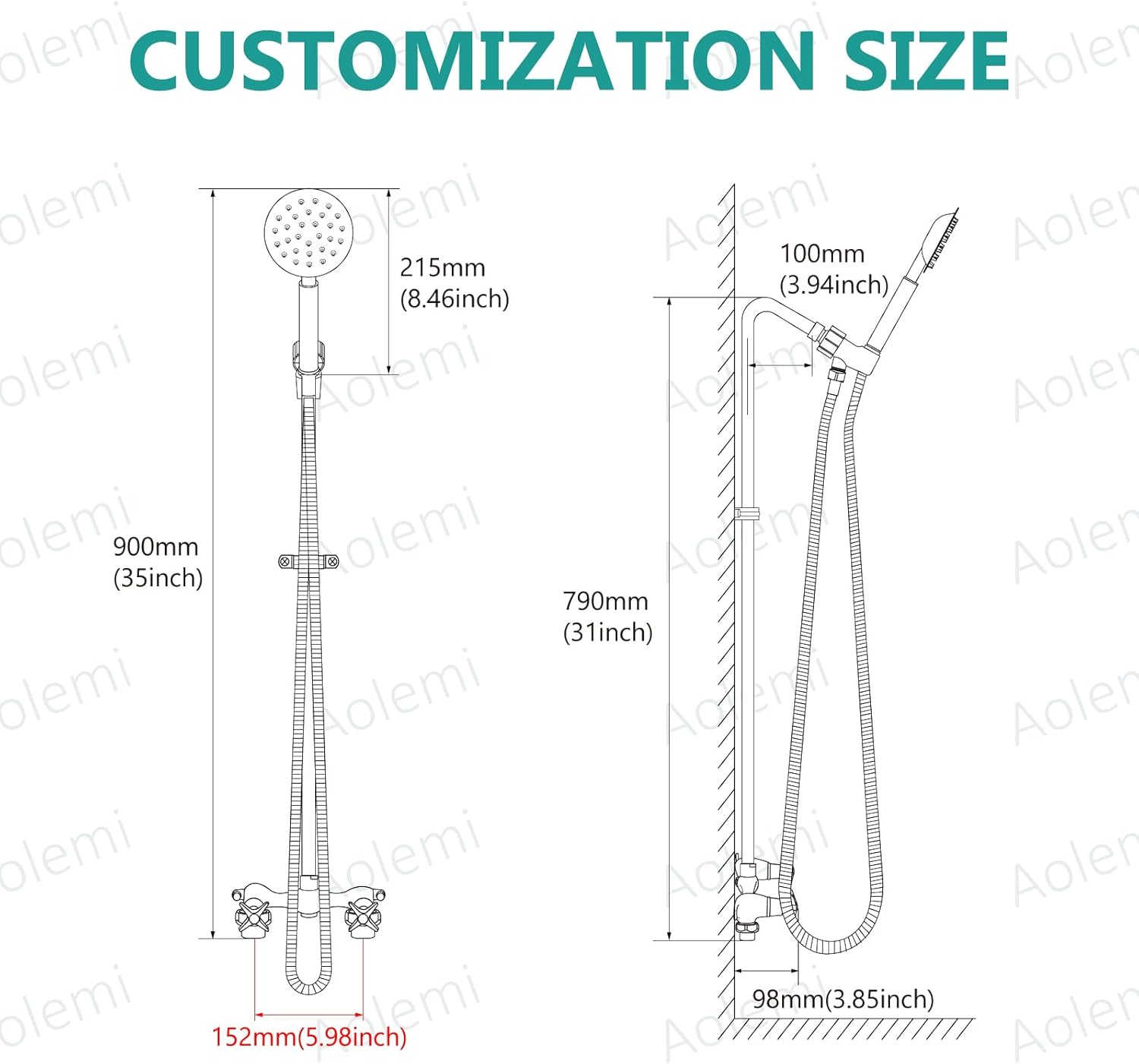 Aolemi Outdoor Shower Fixtures, 2-Handle Exposed Shower Kit with High-Mounted Handheld Shower and 59" Hose, Brass Mixing Valve, 6-Inch Center, Matte Black