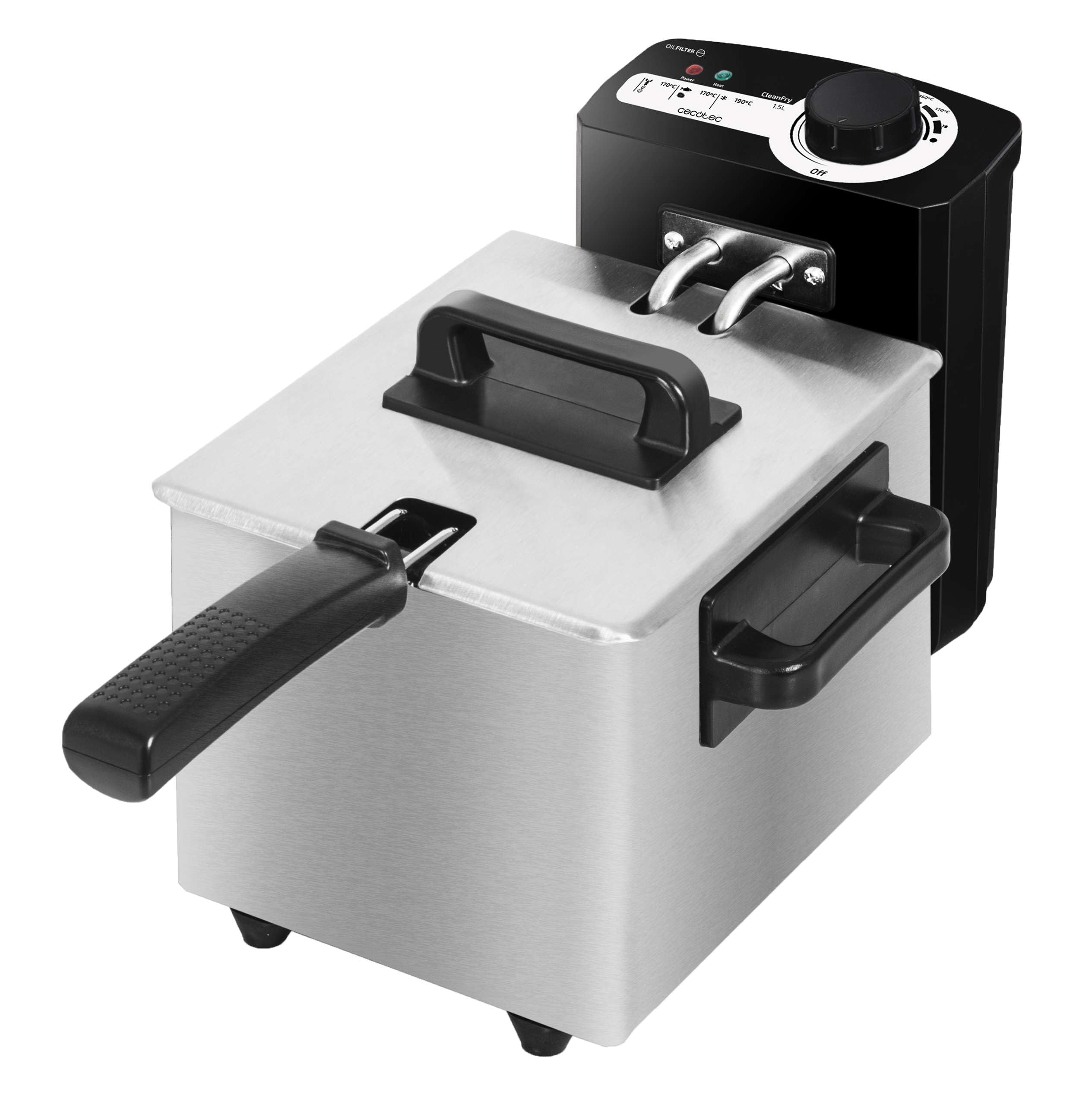 Cecotec Freidora Eléctrica con Aceite Cleanfry 1.5 L. 1000W, Acero Inoxidable, Filtro OilCleaner, Temperatura 190ºC, Cubeta Esmaltada apta Lavavajillas, Indicador Luminoso, Sobrecalentamiento