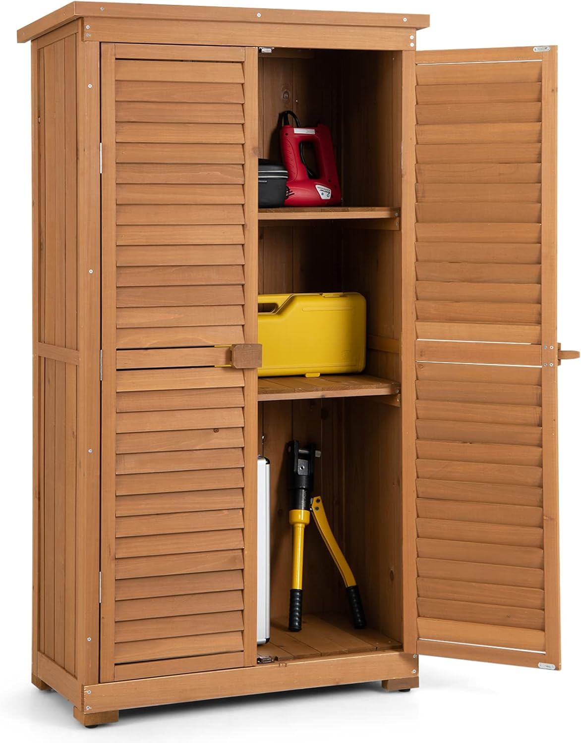 FANTASK Gartenschrank Holz, Gerätehaus wetterfest, Geräteschuppen mit 3 herausnehmbaren Regalen
