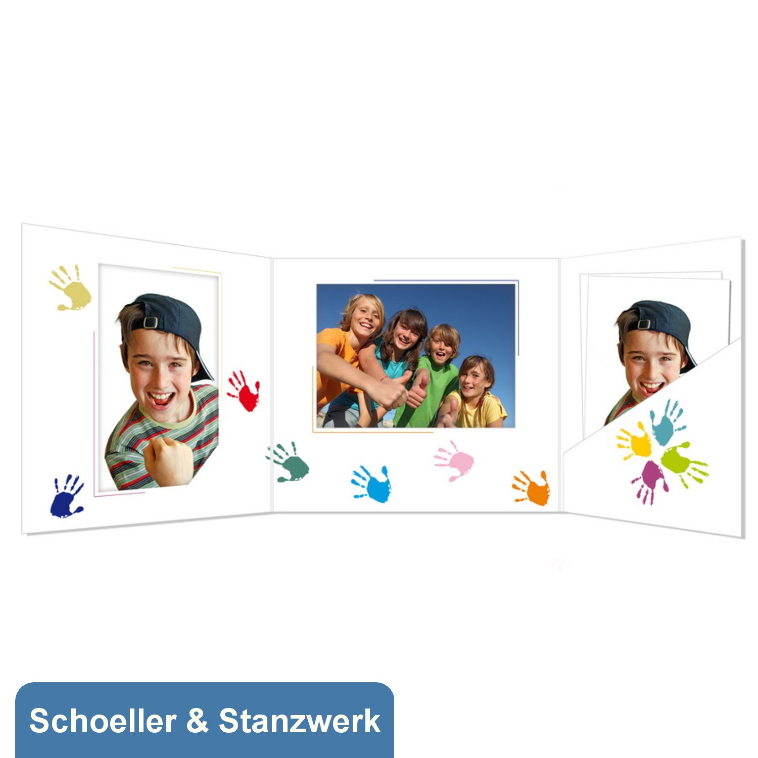 Schoeller & Stanzwerk© - 25 Stück 3-teilige Portraitmappe Kinder/Schulfotomappe für 13x18 cm Fotos - mit farbigem Druck "Hände" - Weißkarton