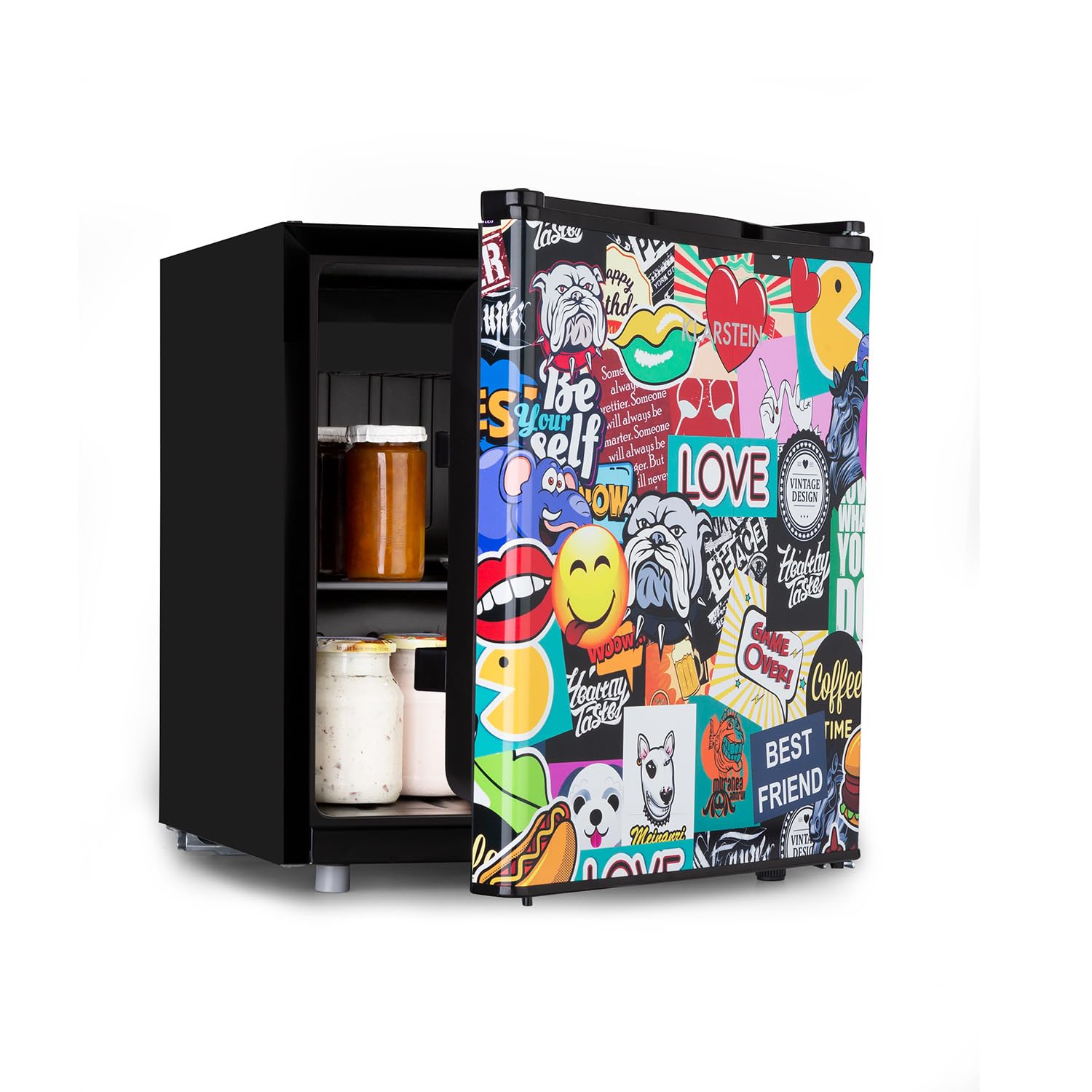 KLARSTEIN Cool Vibe - Nevera, eficiencia energética Fe clase E, VividArt: puerta con diseño de pegatinas impresas, congelador, emisión ruido de tan solo 42 dB, volumen de 48 litros, negro
