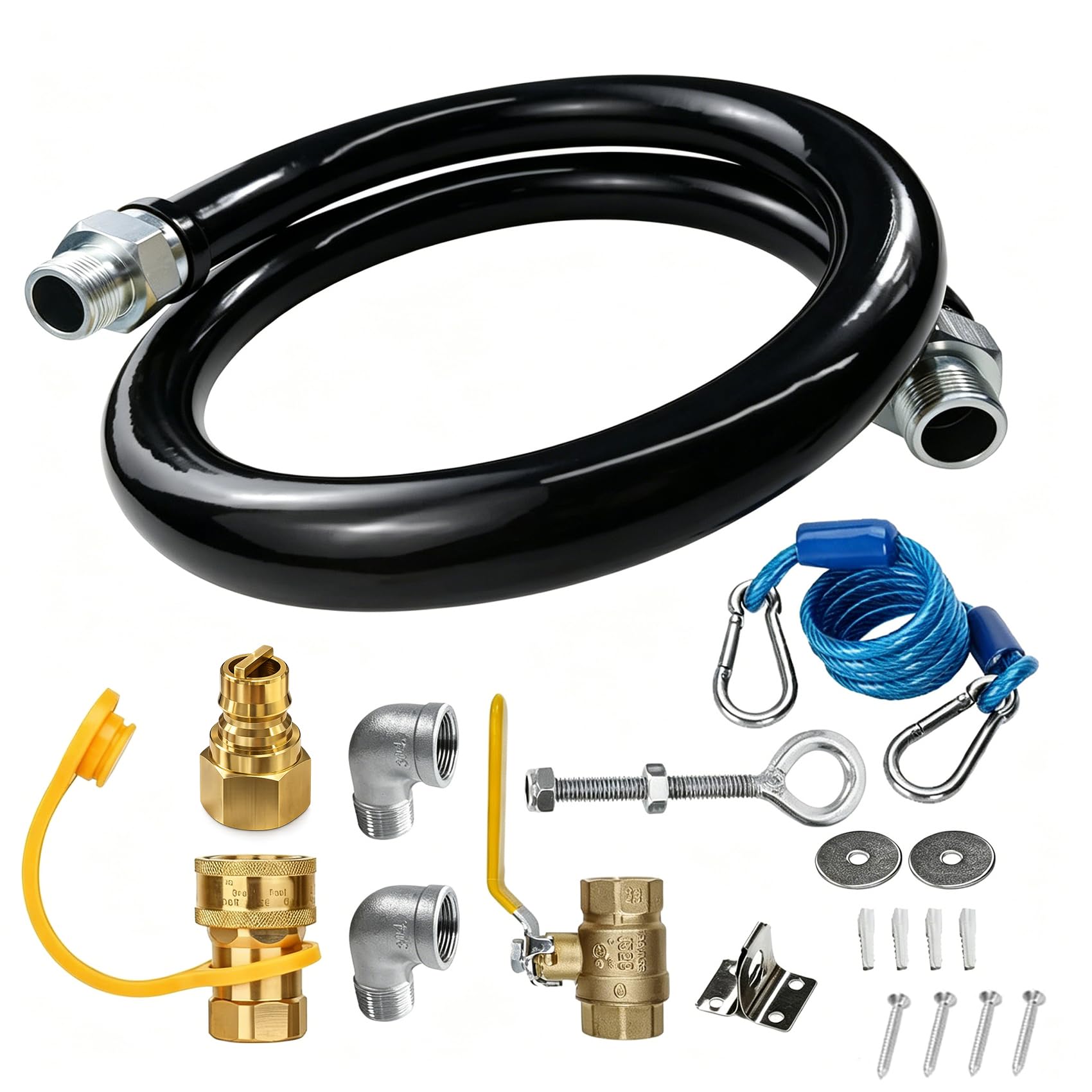 Safety System Kit, 3/4" id natural gas line hose, 48" commercial kitchen gas line hose, mobile gas connector hose kit with 2 elbow fittings, 3/4 gas flex line (48INCH-Black)