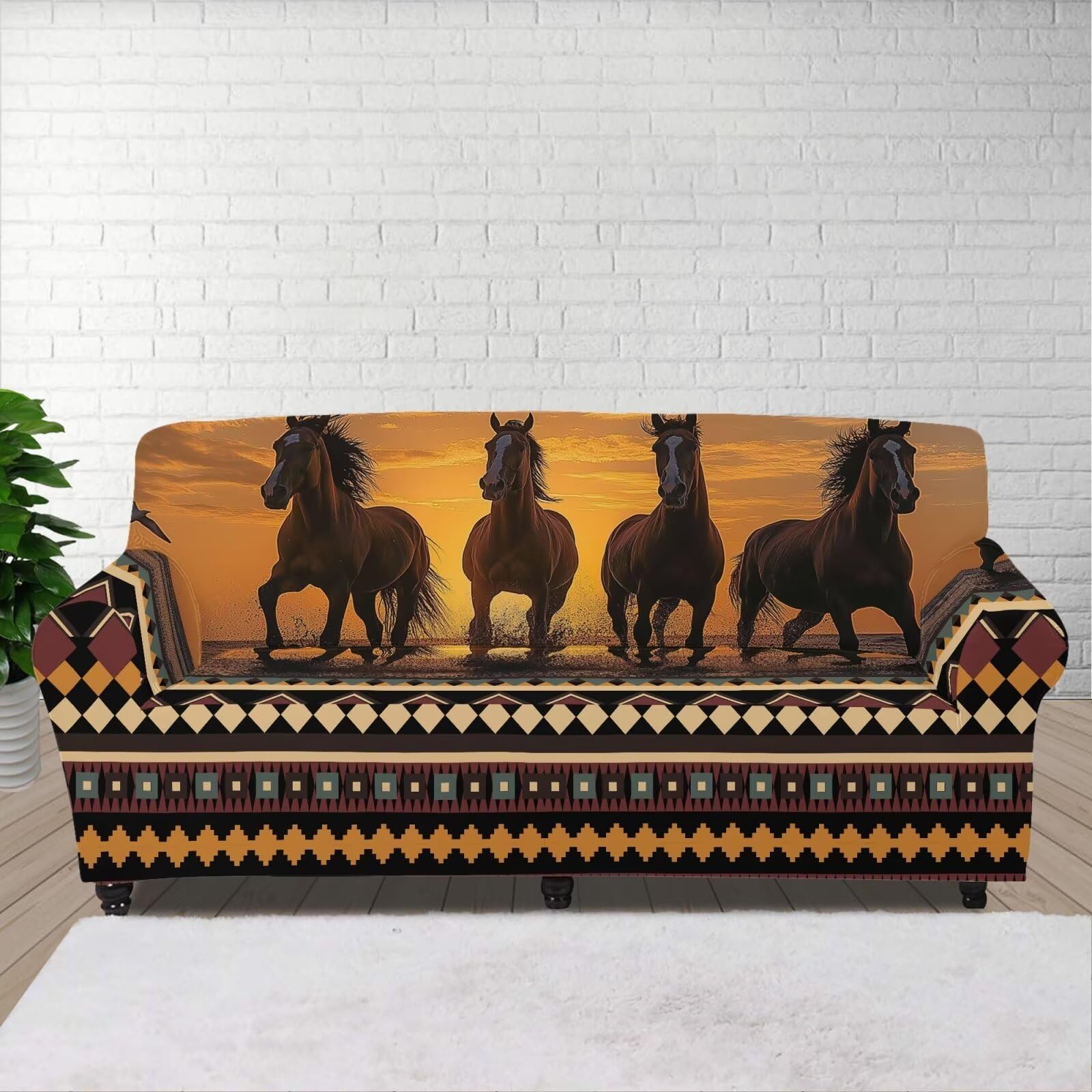 Cugasmaru Western Sofa Slipcovers Horse Aztec Couch Covers for 3 Cushion Couch Sofa Pet Friendly Large Couch Covers for Oversized Sofa Anti Slip
