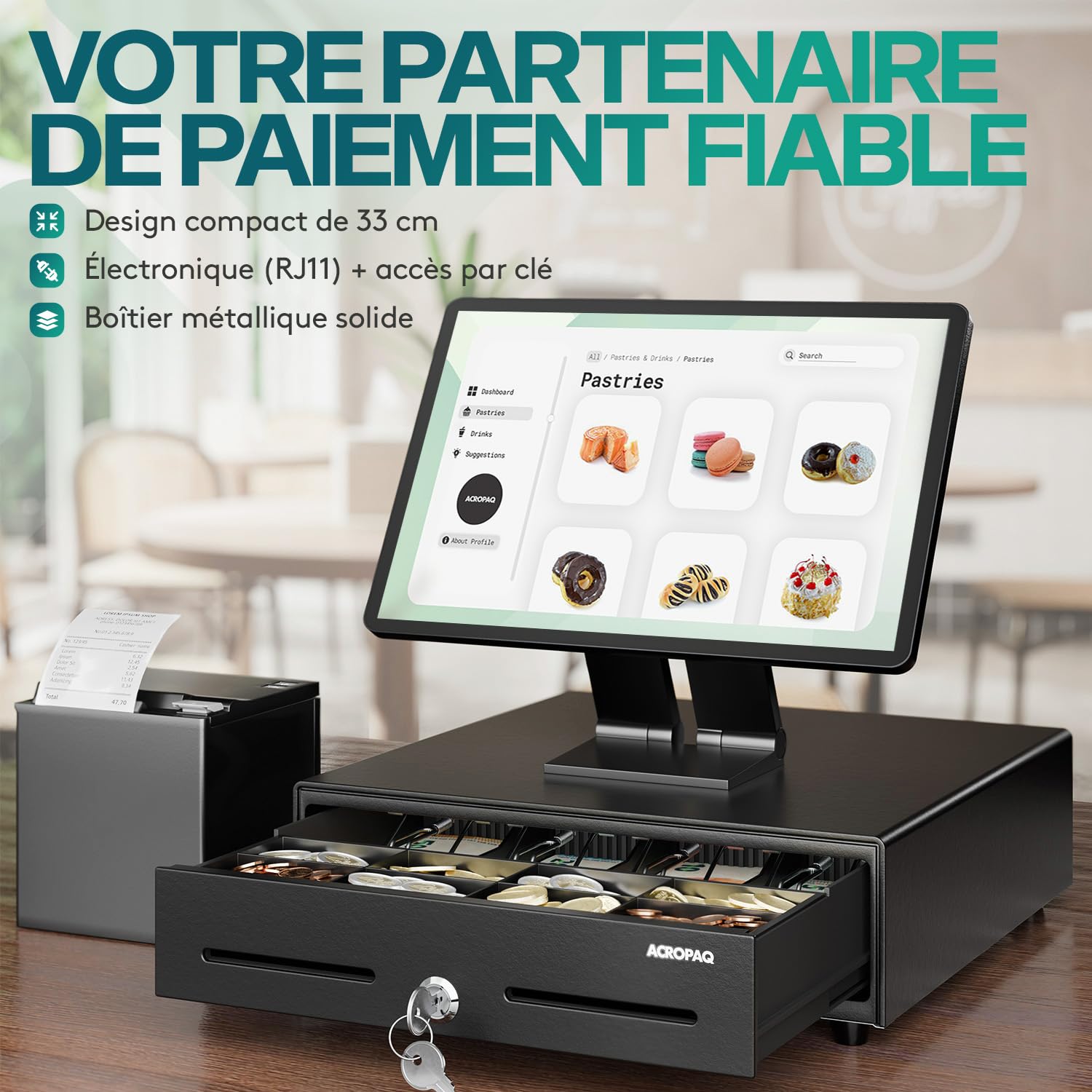 ACROPAQ Tiroir caisse métal 34 x 33 x 10 cm Compatible caisse enregistreuse RJ11 4 compartiments monnaie 8 billets