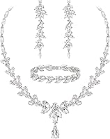 EVERFAITH Austrian Crystal Bridal Jewelry Set: Marquise Rhinestone Leaf Necklace, Dangle Earrings & Tennis Bracelet for Weddings Proms
