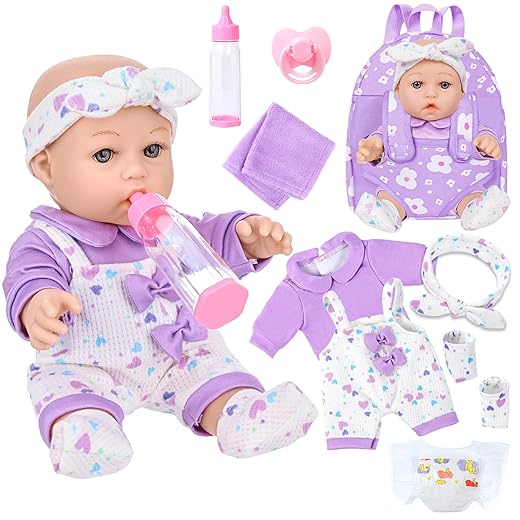 12" Baby Doll with Flower Pattern Backpack Carrier,12 Inch Realistic Baby Dolls with Clothes and Accessories Hanky Pacifier Bottle Diaper Toy Pretend Play Collection for 3+ Child Girls Gifts