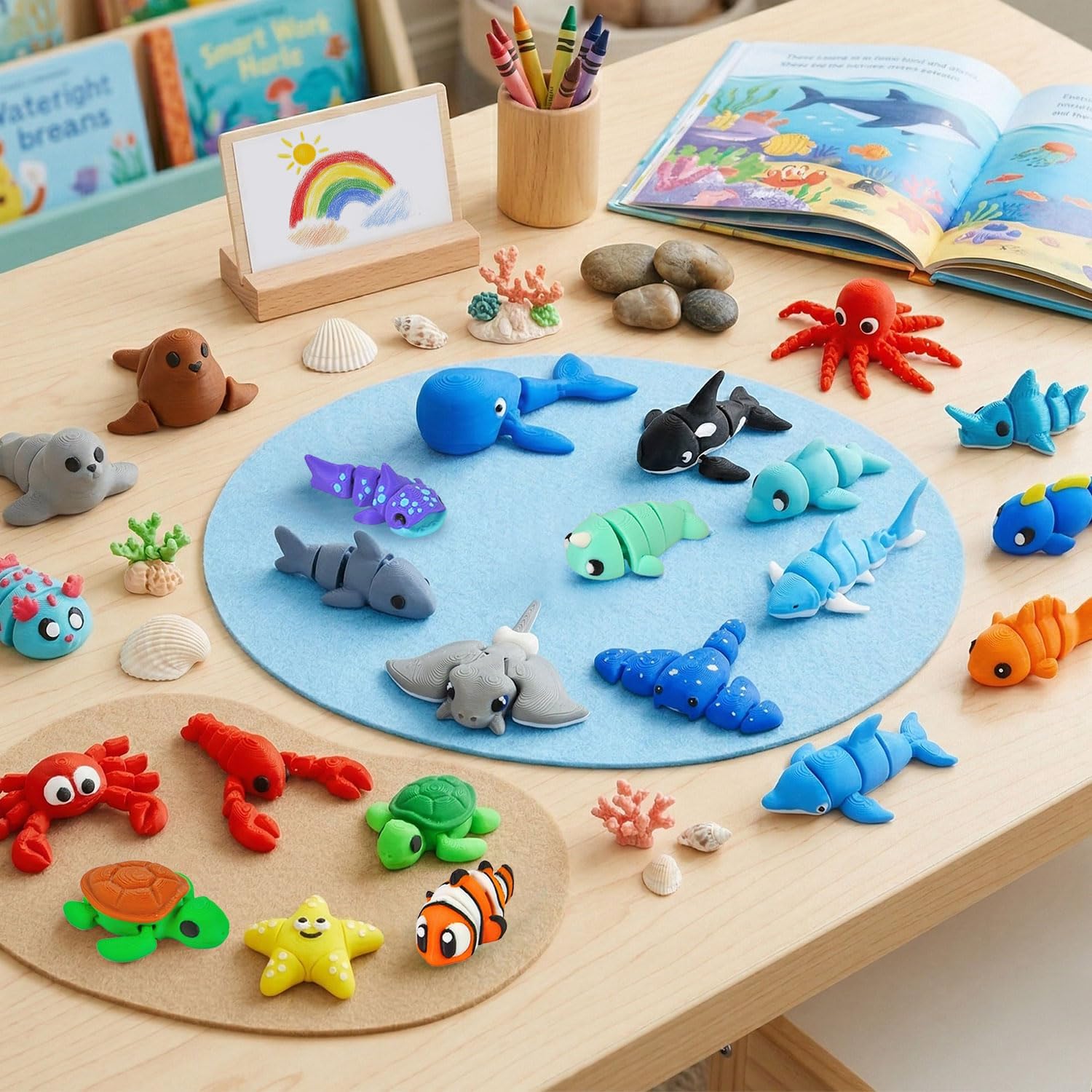 Vileafy 25 Mini Articulated Sea Animal Figurines, 3D Printed Ocean Animal Toys for Kids, Cute Collectible Animals, Flexible Fidget Toys for Under the Sea Party Favors – Sea Animal Theme