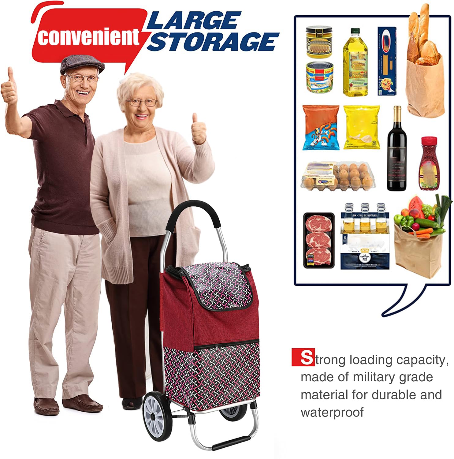 Einkaufstrolley - Ziehwagen zum Einkaufen mit Einkaufstasche | 35 Liter Shopping Trolley - Einkaufswagen mit großen Rollen für Treppensteiger | Transportwagen mit Abnehmbarer Tasche (Red)