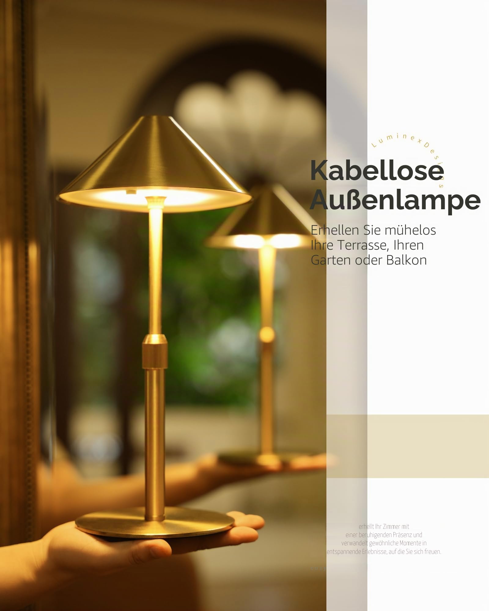 Tischlampe kabellos LED Akku Tischleuchte 2er Set aus Metall – Höhenverstellbar, IP54 Wasserfest, 3000K–6000K, USB-C aufladbar für Schlafzimmer, Balkon, Outdoor & Deko, Gold