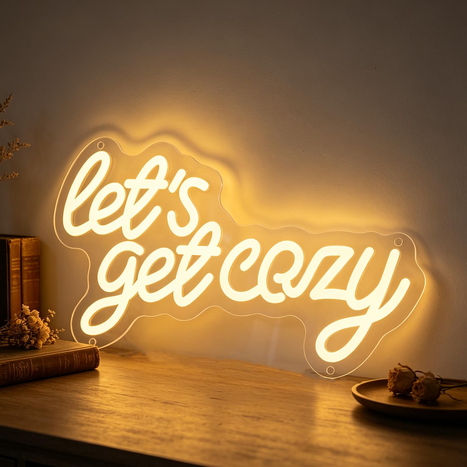 Let’s Get Cozy Neon Sign Warm White LED Neon Letter Sign Light Up for Wall Decor, Dimmable USB Powered Neon Light for Living Room Bedroom Hotel Restaurant Bar Cafe Club Salon Store Birthday Party
